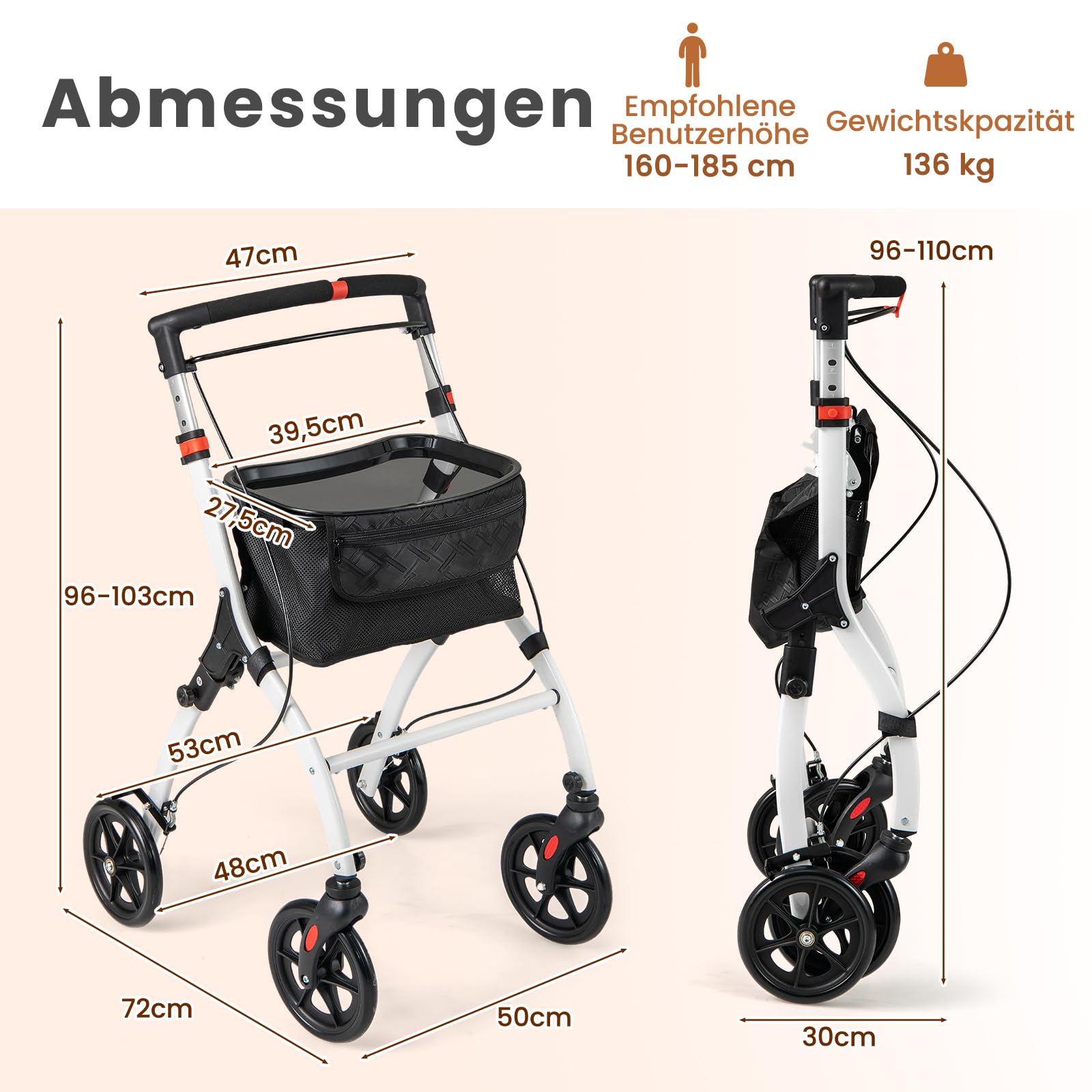 COSTWAY Rollator Schmal für Wohnung, Indoor Wohnungsrollator, faltbar und leicht, inkl. Tablett, Korb, 4 Rädern & Bremsen, 5-Fach höhenverstellbar, Gehhilfe für Senioren Verletzte, Weiß und Schwarz