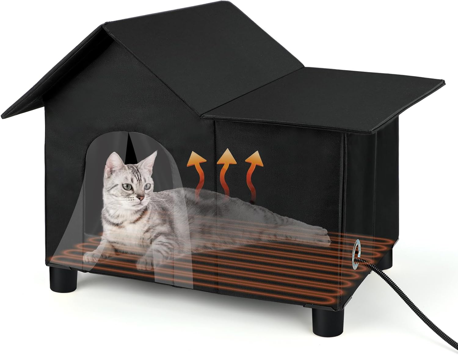 Large Heated Cat House for Outside, Elevated Outdoor Cat House Weatherproof with Heating Pad for Winter, Warm Feral Cats Shelter for Multiple Cats, 19.7 X 13.4 X 18.1 Inches (Black) 19.7 X 13.4 X 18.1 in Black