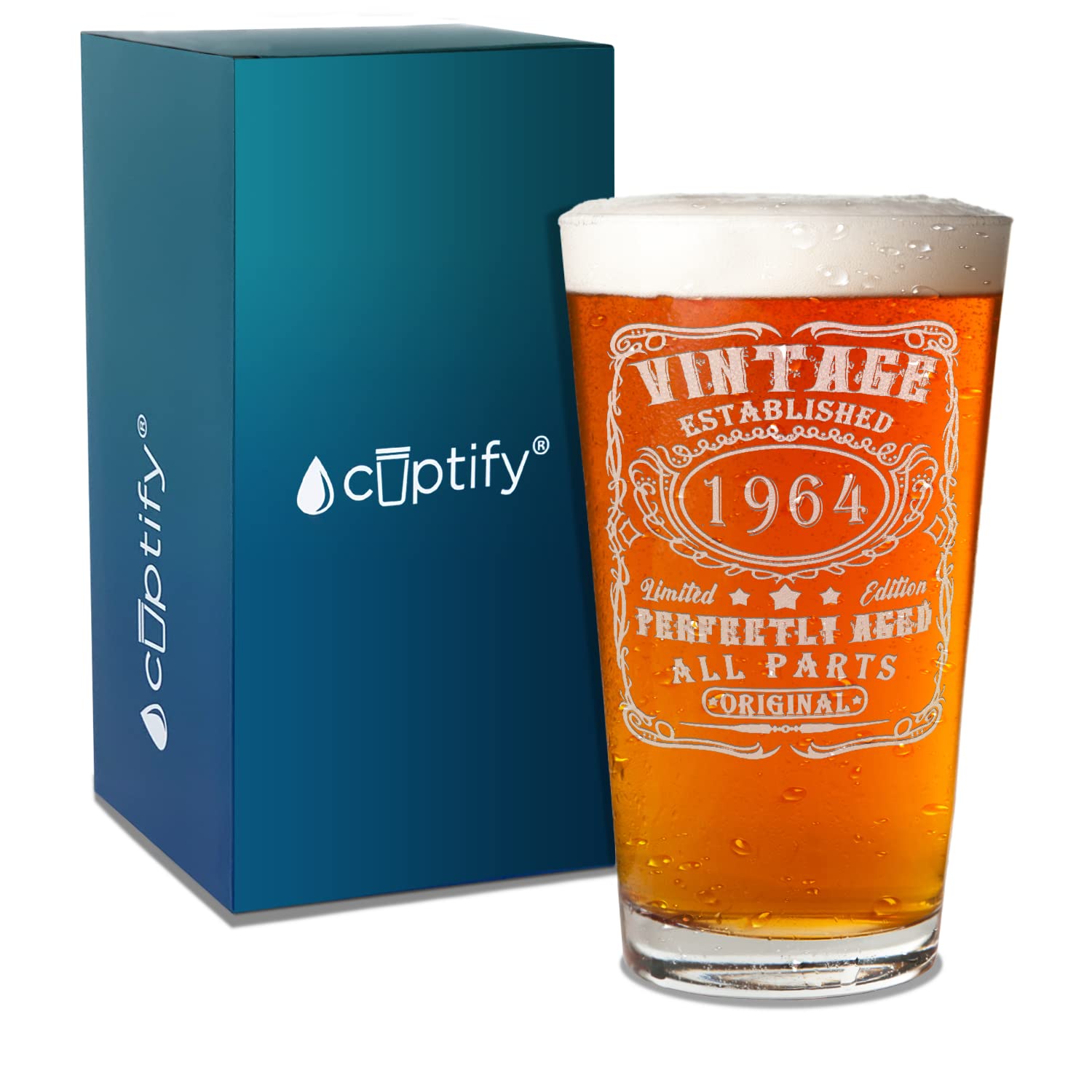 Cuptify 60th Birthday Gift Perfectly Aged 60 Years Old Established 1964 Vintage Etched 16 oz Beer Pint Drinking Glasses For Men