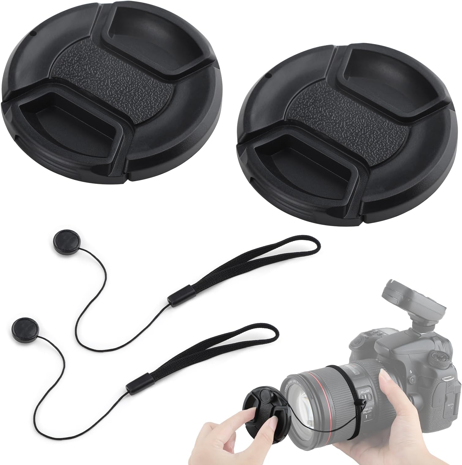 2 Pack 58mm Lens Cap Camera Front Lens Cap Cover with Leash Hole Bundle for Nikon Canon EOS 2000D 1300D 1200D 850D 800D 760D 750D 700D 650D 100D 200D 250D EF-S 18-55mm Lens DSLR Cameras