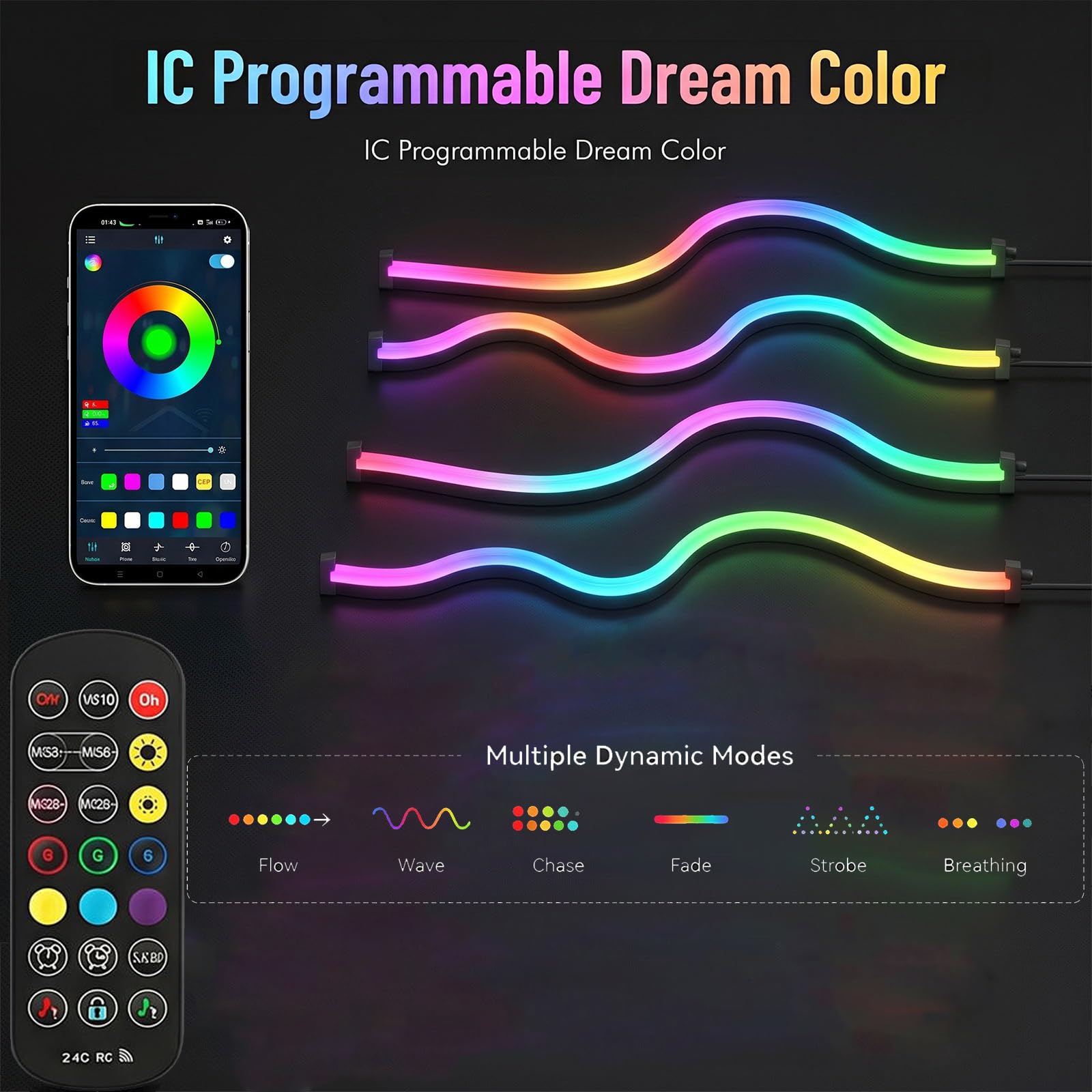 Illuminazione per Pannelli Acustici, Dimmerabile Sezionabile LED Integrati 4 LED Strisce RGB Dream Color 100cm Sincronizzazione Musicale Telecomando Regolazione Colore e Luminosità Controllo App