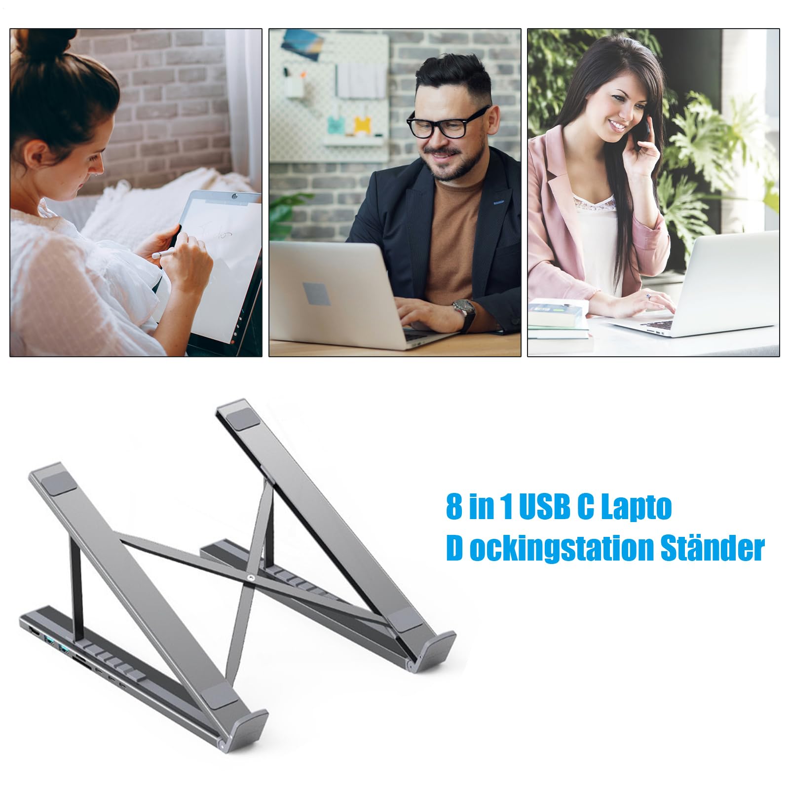 Base de Acoplamiento Portátil 8 En 1 Hub Para Tableta Con Ventilación | Soporte Ergonómico para Portátil Para Oficina Casa Juegos Escritorio Viaje Negocios Tableta Computadora