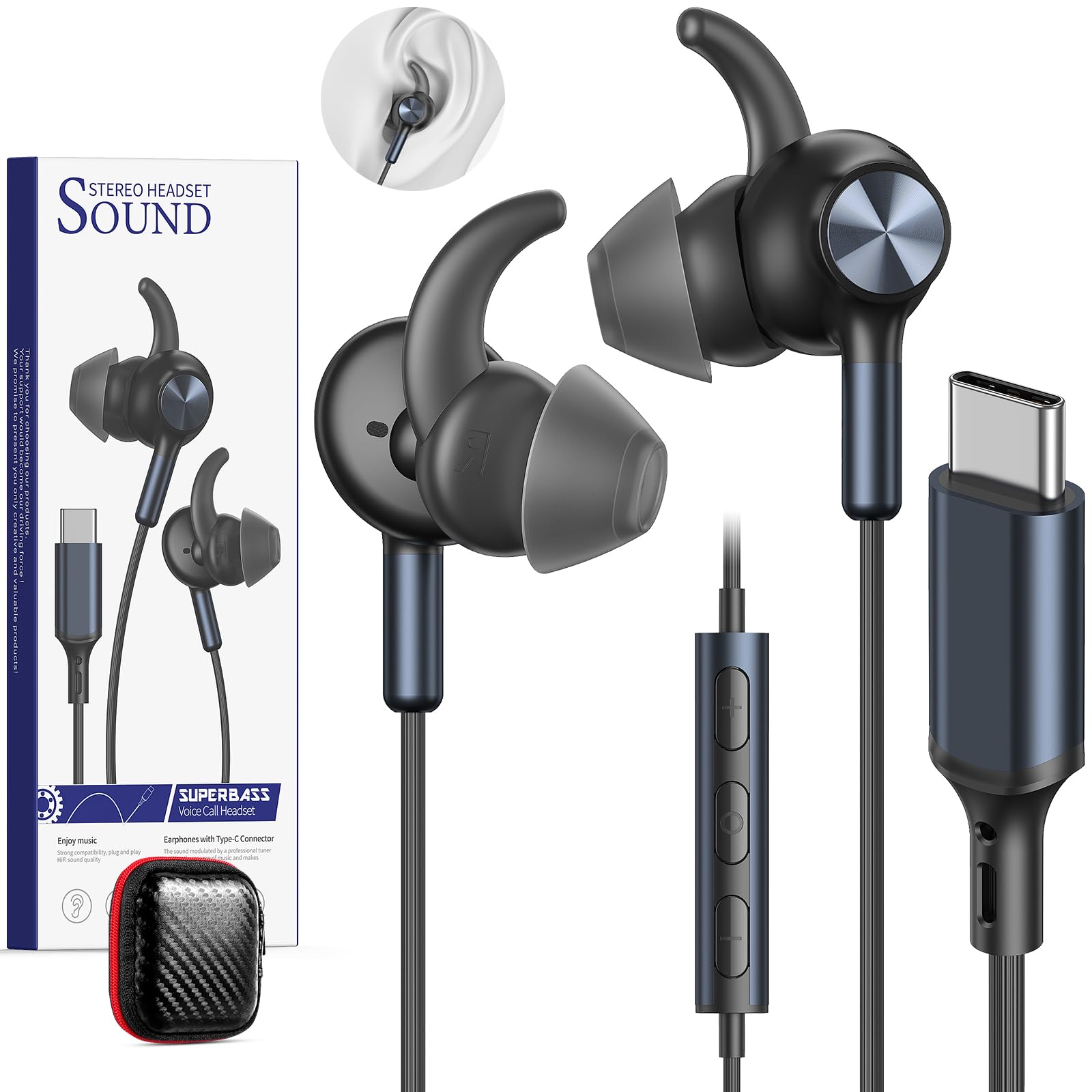 Wired Earbuds USB C for Samsung Galaxy S26 S25 Ultra S24+ S23, Black