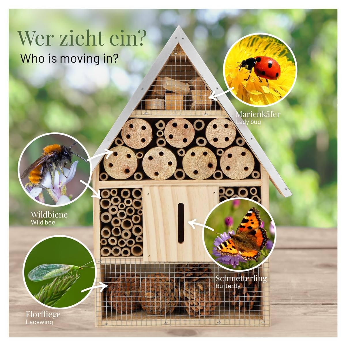 WILDLIFE HOME Grande hotel per insetti – naturale e resistente alle intemperie, casetta per insetti in legno naturale per api, api selvatiche, coccinelle e farfalle, hotel per api e nido da appendere