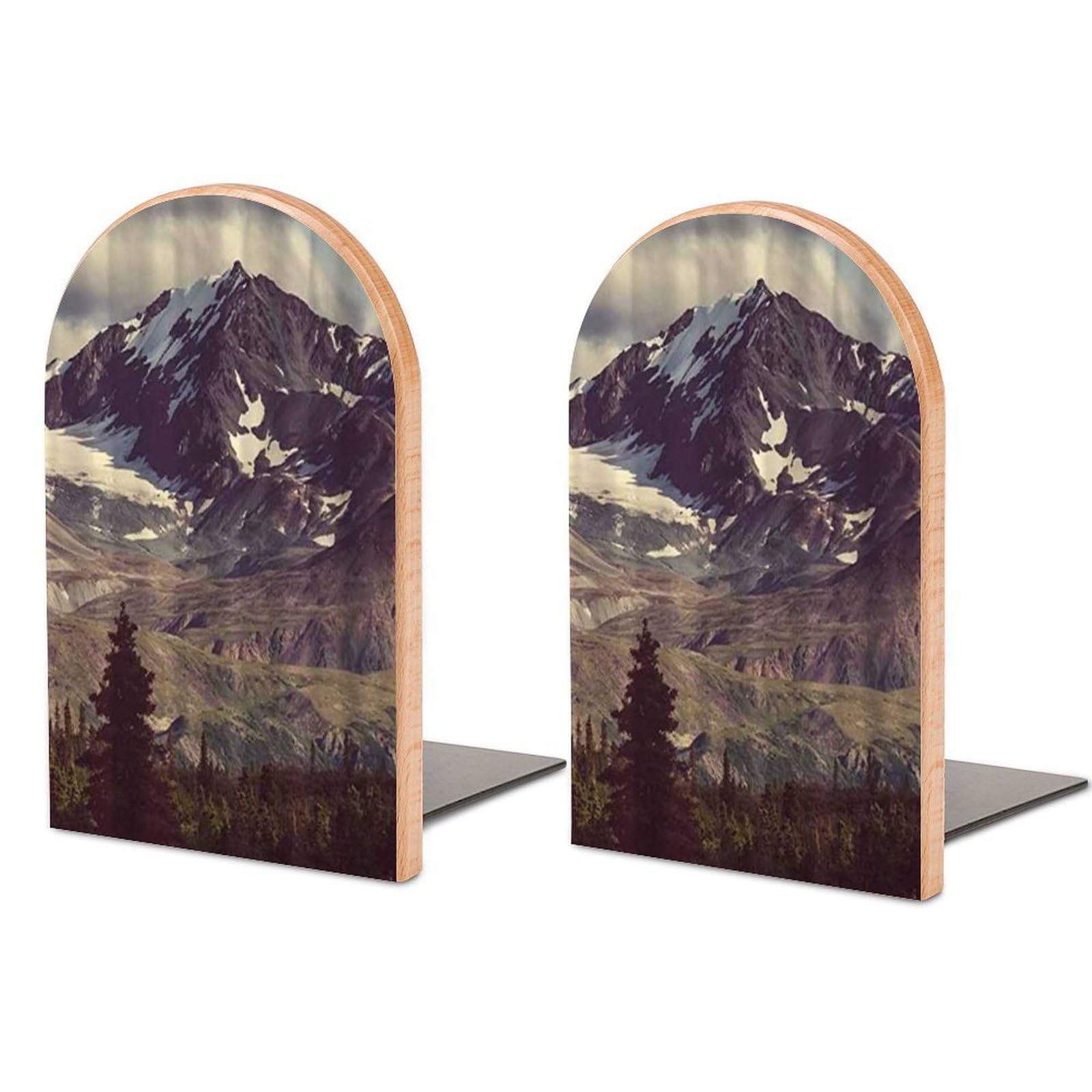 Snow Mountain Forest Cloud Plateau Scenery Beech Wood Bookends Heavy Duty Book Organizers Desktop File Holder for Office Home Bookshelf