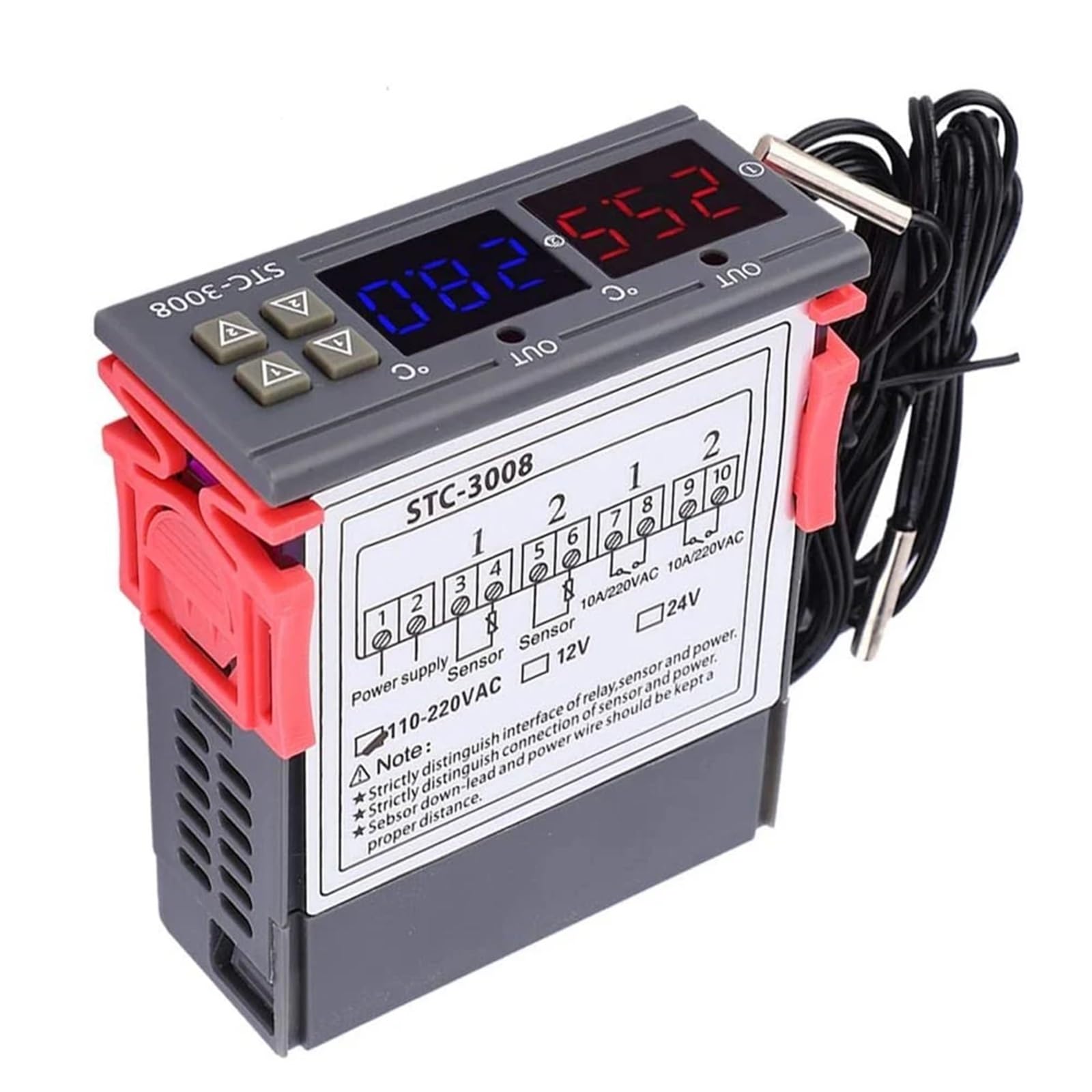 Doppio regolatore di Temperatura Digitale STC-3008 Riscaldatore termostato con Uscita a Due relè con sonda 12V 24V 220V Frigo Domestico Calore Freddo (Color : DC 24V)