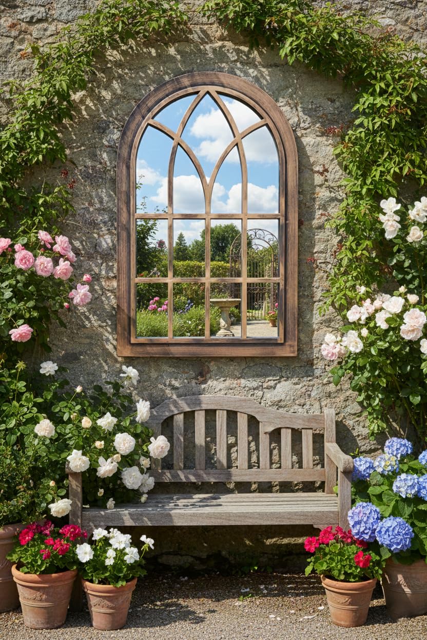 Deenz Black Gold Arched Window Style Soho Mirror Gothic Design Plastic Frame Wall Mounted Indoor/Outdoor Elegant Vanity Display Hallway Furniture Decor Glass Panel 73.5 X 48.5 X 2.5 Cm