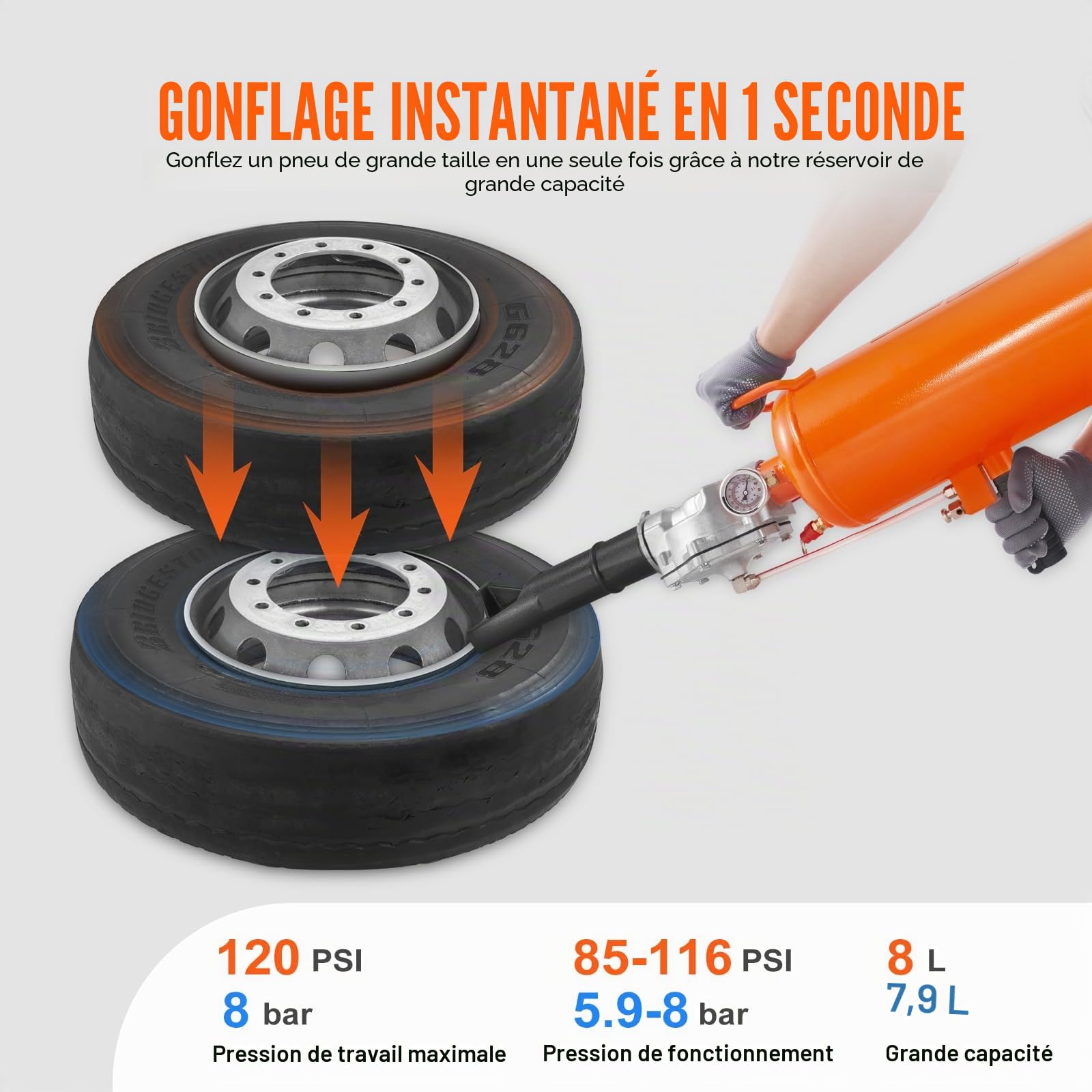 VEVOR Canon à Air 8 L Gonfleur de Pneus 120 PSI Compresseur d'air Portable 85-116 PSI Pression de Fonctionnement pour Tracteur Camion ATV Voiture et Réparation Automobile Atelier Bricolage