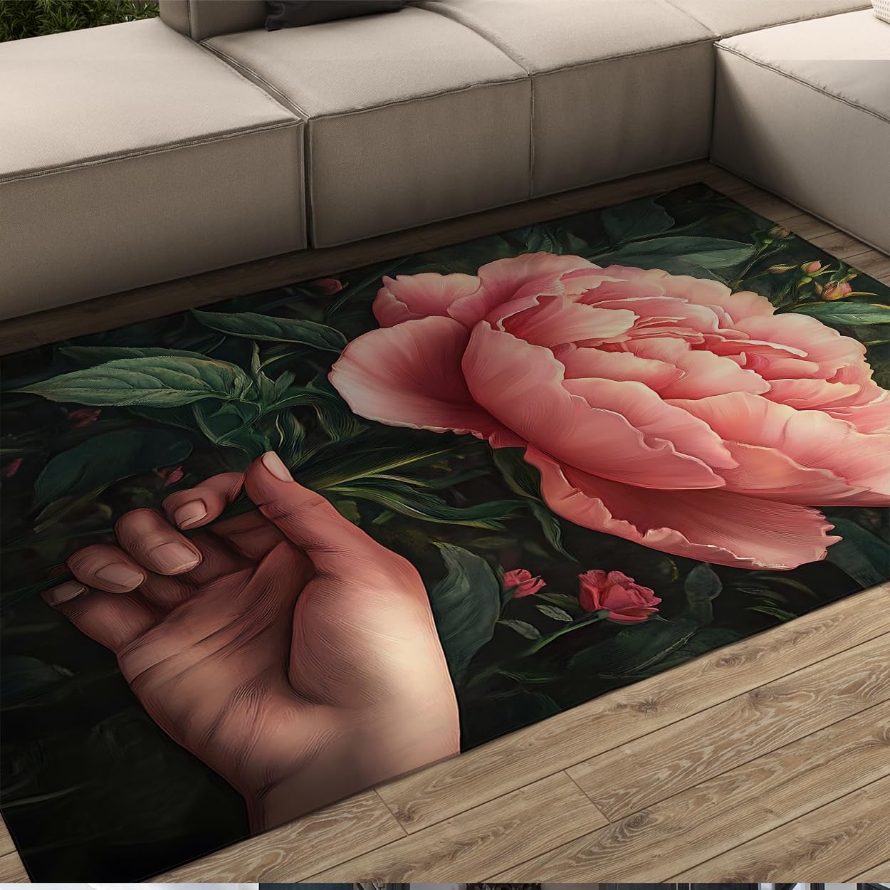 Tappeto per la Festa della Mamma 140x180cm Peonia rosa Fiori astratti moderni lavabili Tappeto sottile per camera da letto Sala da pranzo Casa colonica Nursery