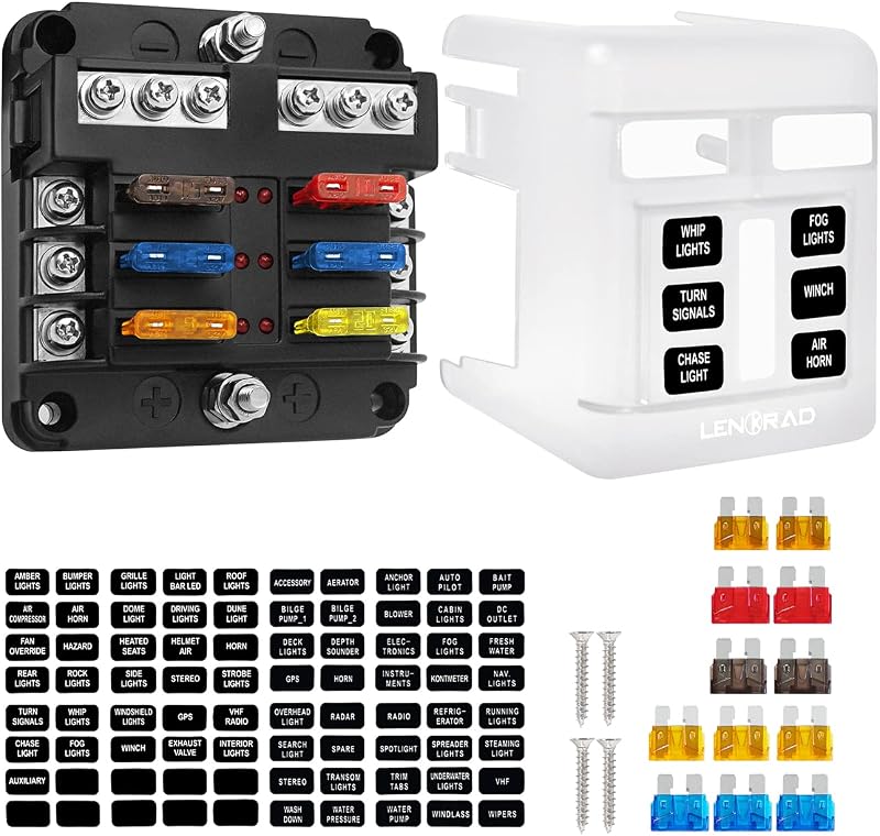 Caixa de fusíveis 6 vias ATO/ATC/ATS LENKRAD 100 A com barramento negativo e indicador LED – Conjunto com 12 fusíveis