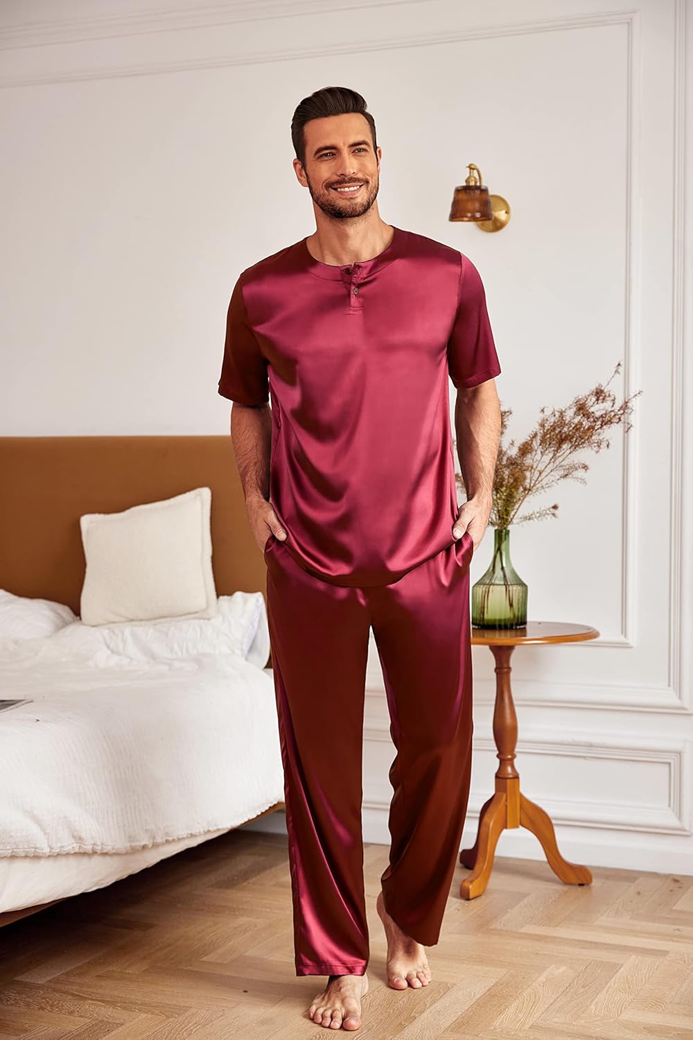 Ekouaer Mens Silk Satin Pajama Set Short Sleeve Sleepwear Silky Loungewear with Long Pants - Image 3