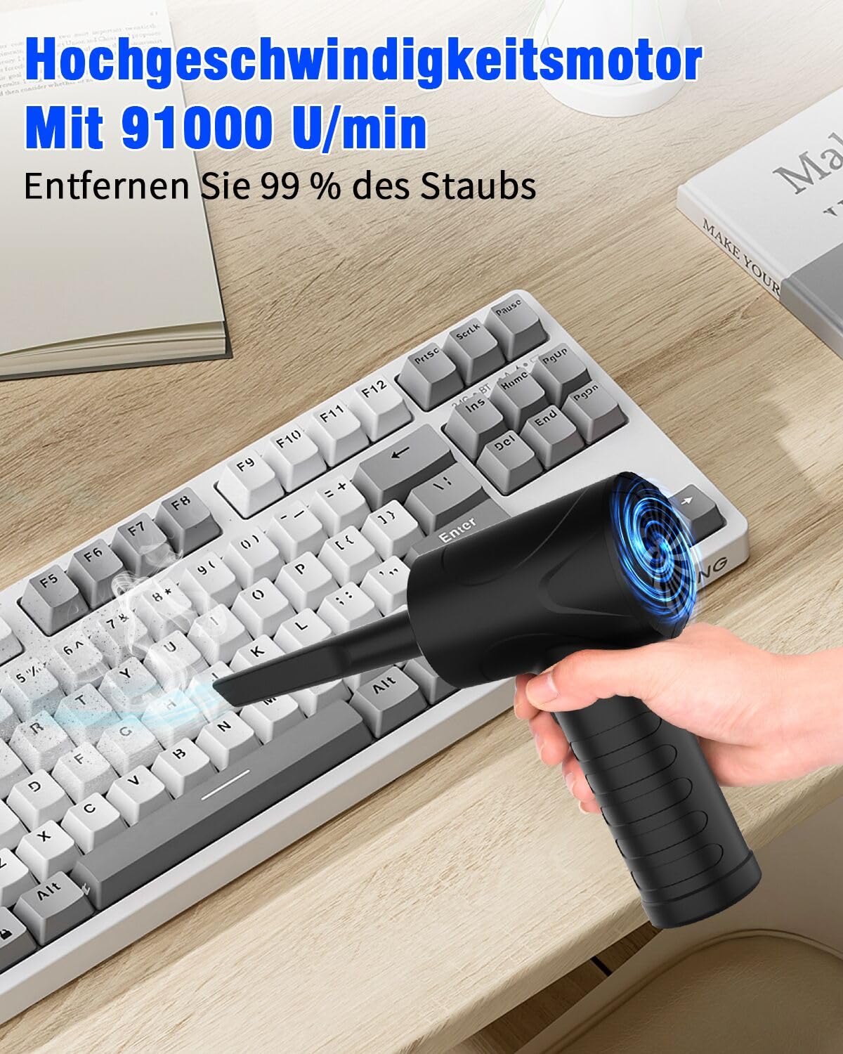 Soplador de Aire para pc, 3 Velocidades 91000 U/min Compressed Air Duster, USB Recargable Plumero Electrico Con batería de 6000mAh, Soplador Aire Comprimido para Laptop, Teclado, Coche