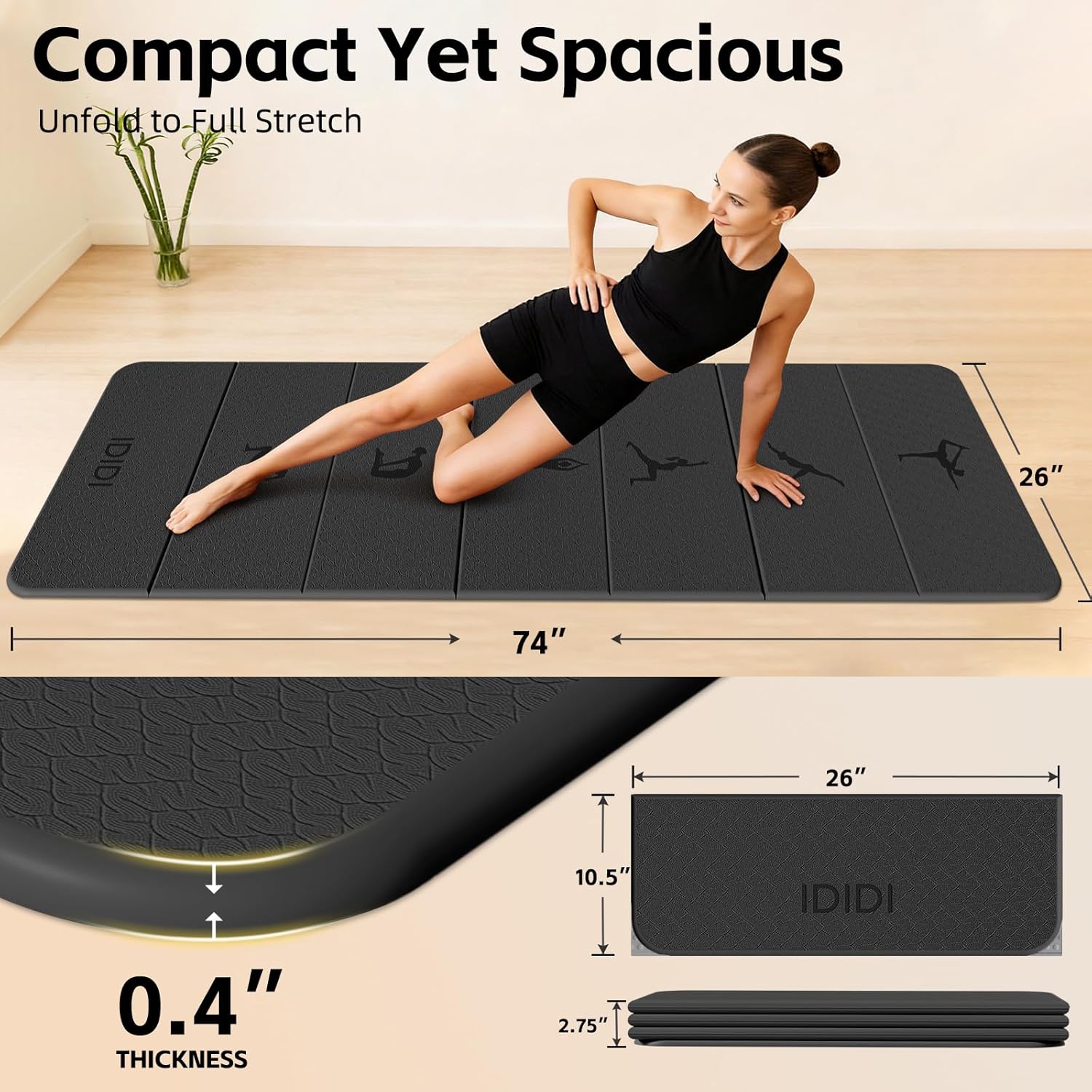 Foldable Yoga Mat 74"x26" with Yoga Pose Guide Pattern | 0.4" (10mm) Thick Non-Slip TPE Exercise Mat | Portable 7-Fold Design for Home Gym, Travel, Pilates & Full-Body Workouts