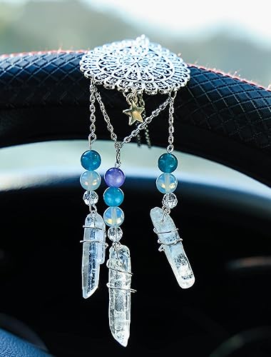 Miniatura 5 de Nosadi Dije de espejo retrovisor hecho a mano con diseño de arco iris, fluorita, cuarzo, mandala, decoración para colgar en la pared, decoración de