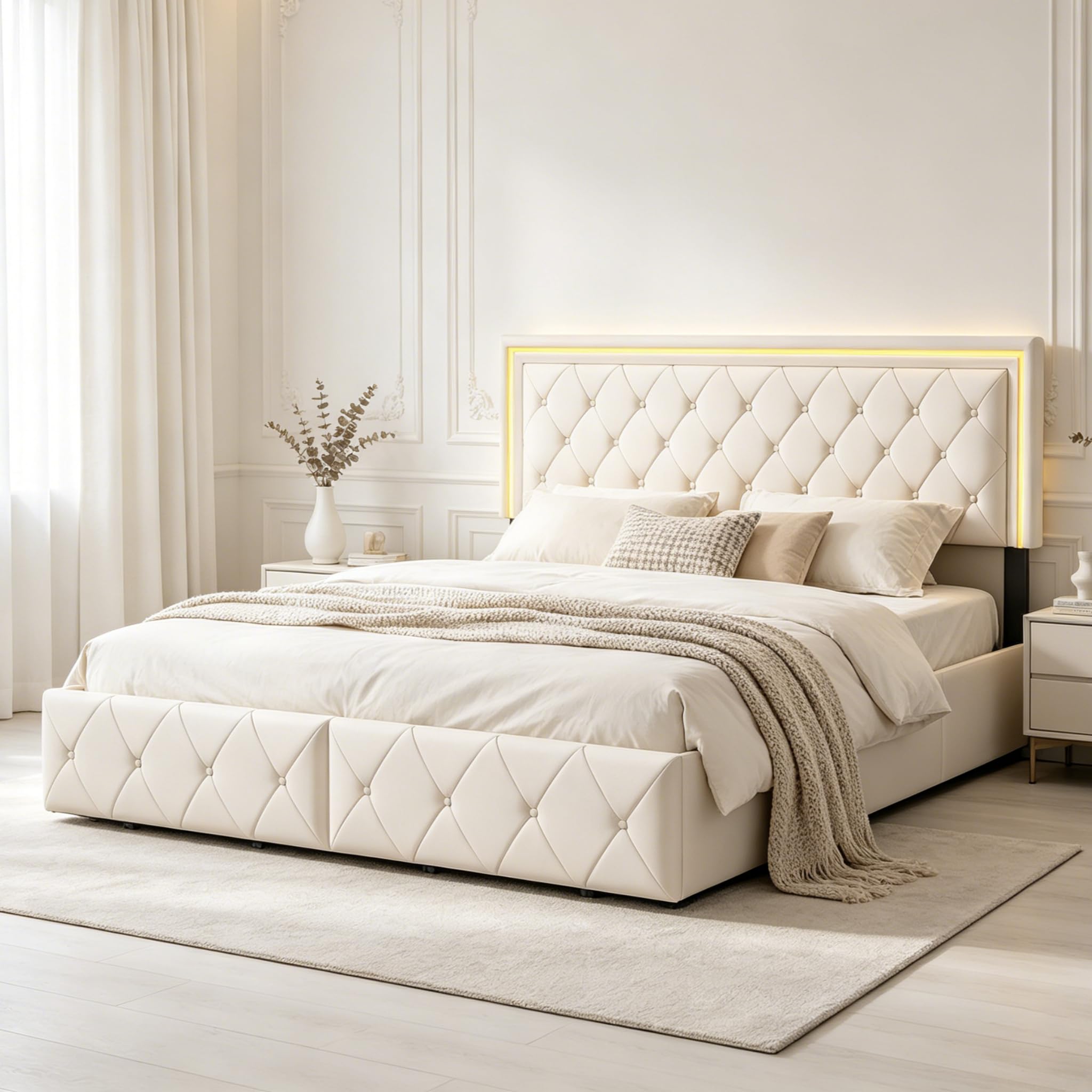 Cama doble tapizada, 160 x 200 cm - Diseño innovador, Cama de almacenamiento con 4 cajones de almacenamiento, cama para adultos con somier de listones, sin colchón, PU(blanquecino, 160 x 200 cm)