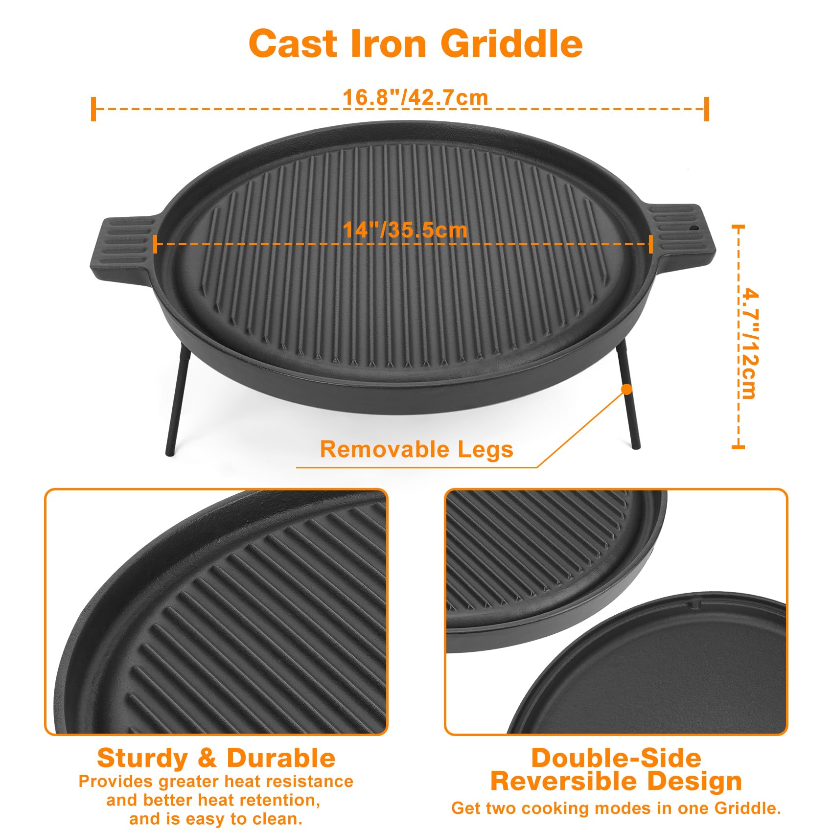 Onlyfire Griddle for Solo Stove Ranger, 14 Inch Double Sided Reversible Cast Iron Campfire Grill Pan with Detachable Legs for Solo Stove 15 Inch Fire Pit, Raised Top Cookware for Ranger Fire Pit