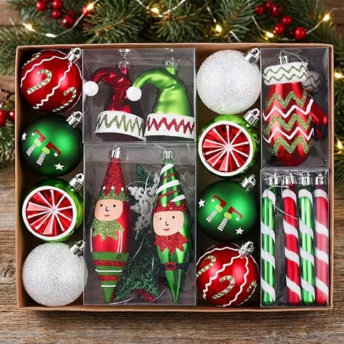 Valery Madelyn Adornos de bola de Navidad, 40 unidades de elfo rojo, verde y blanco, juego de decoración de árbol de Navidad inastillable, variedad