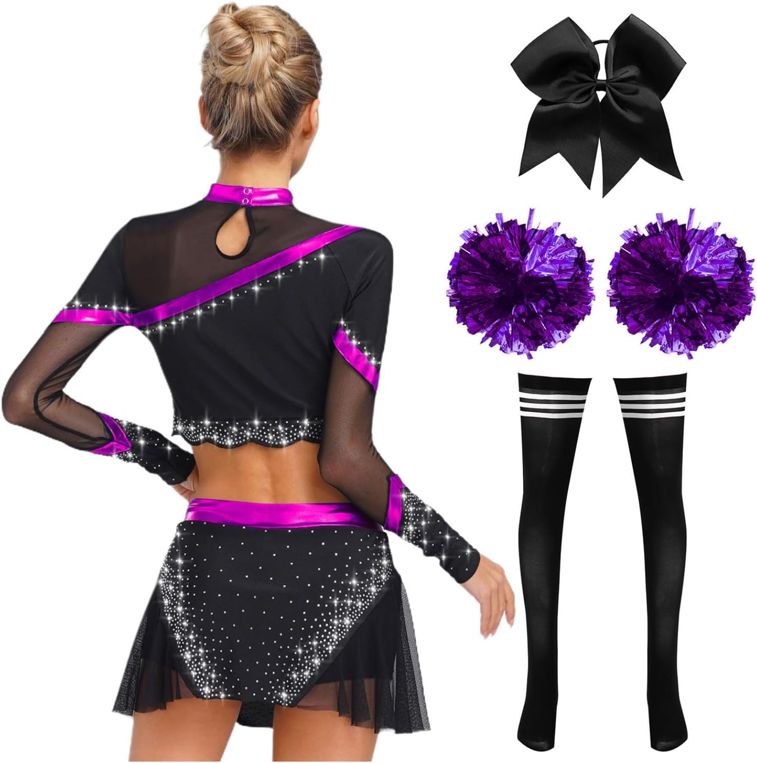 Women's Rhinestone Cheer Skirt Outfit Long Sleeve Crop Top Striped Socks Ball Bow Hairband