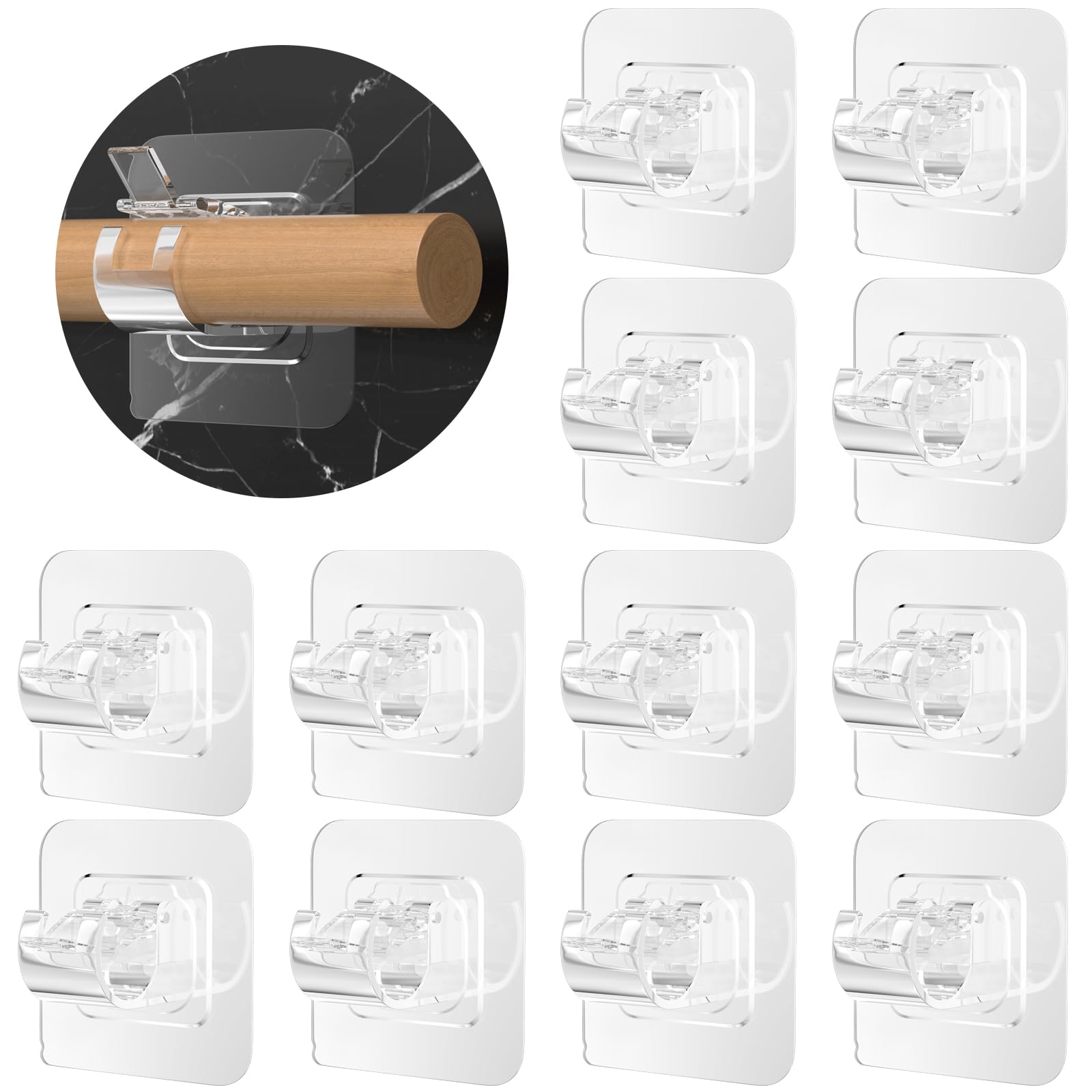 12 Supports Tringle Rideaux Sans Perçage – Autocollants Transparents, Charge 5 Kg, Pour Porte-serviettes, Voilage
