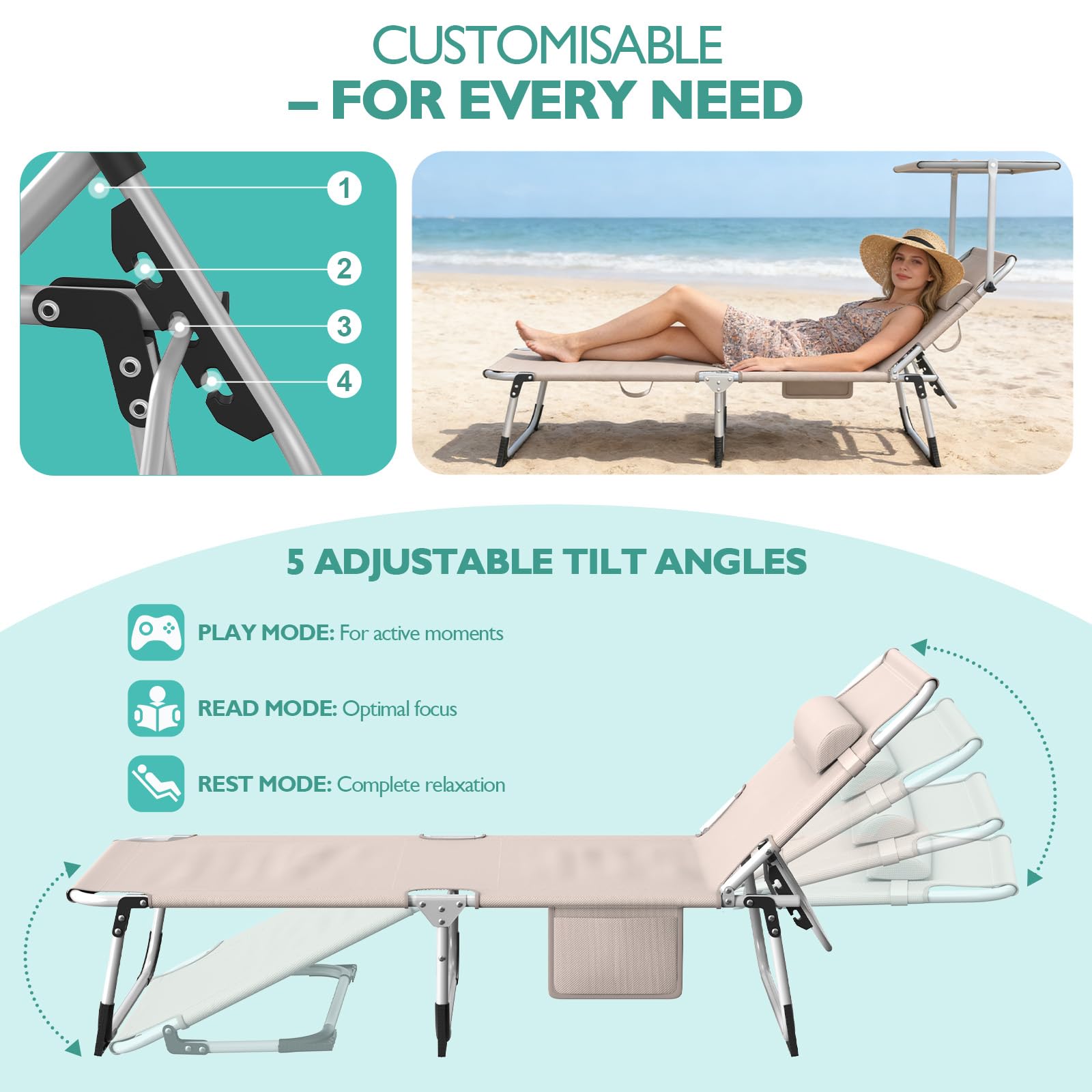 Transat Pliant avec Toile Solaire 194x67,5cm – Chaise Longue Multi-Positions & Parasol 360°, 600D Oxford, INCL. Poche Latérale & Sangle de Transport (Chaise Camping, Kaki)