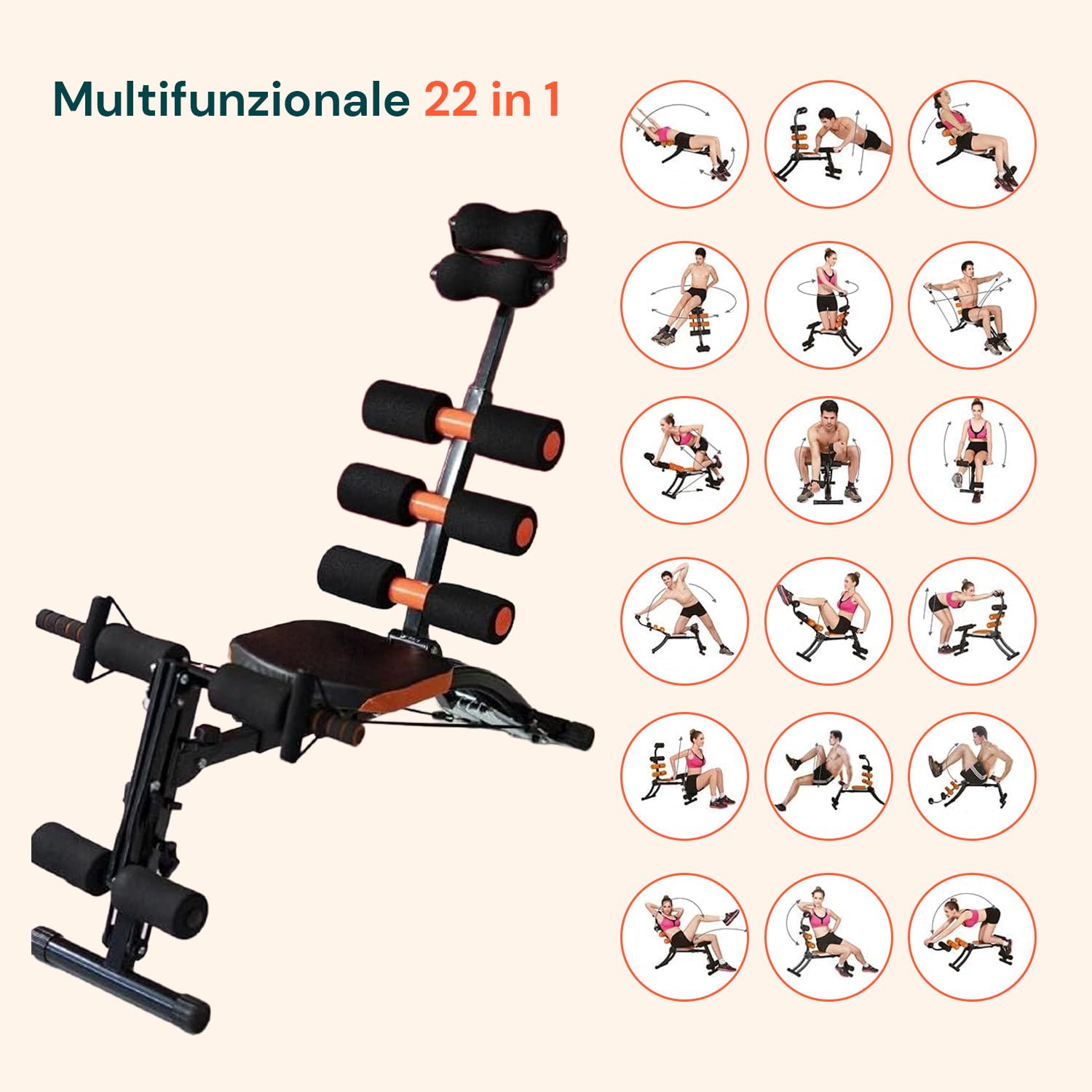 Wintem – Palestra in Casa Panca Multifunzionale 22 in 1 per Allenamento Completo a Casa con Schienale Inclinabile, Sedile Girevole, Estensori Elastici e Struttura Pieghevole Salvaspazio