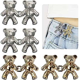 Bear Jeans Button, 4 Sets Adjustable Jean Button Pin, Detachable Decorative Waist Buckles, No Sewing Required, Perfect Fit Tighten Waist Adjustment Instant Button for Pants- Golden, Silver