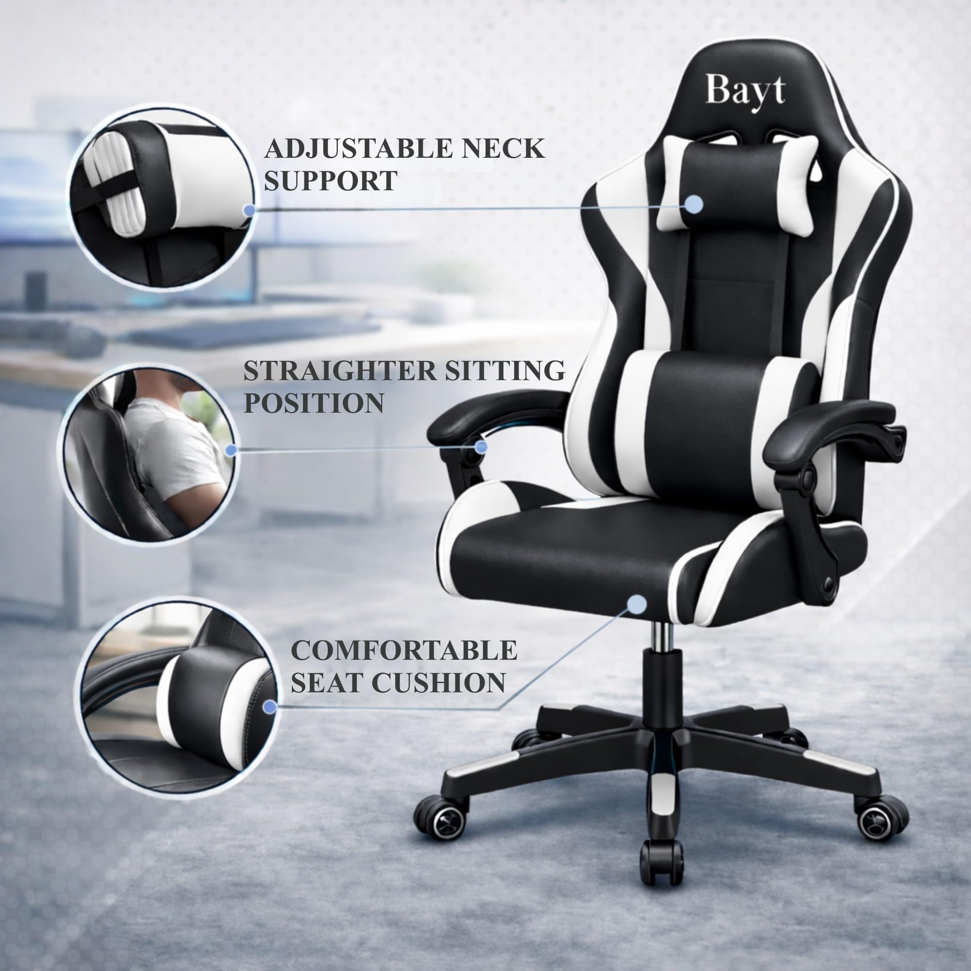 Bayt Krzesło Biurowe & Fotel Gamingowy Ergonomiczny - Gaming Chair do Biurka, Fotel dla Gracza Obrotowy, Design Sportowy z Ekoskóry, Czarny/Biały