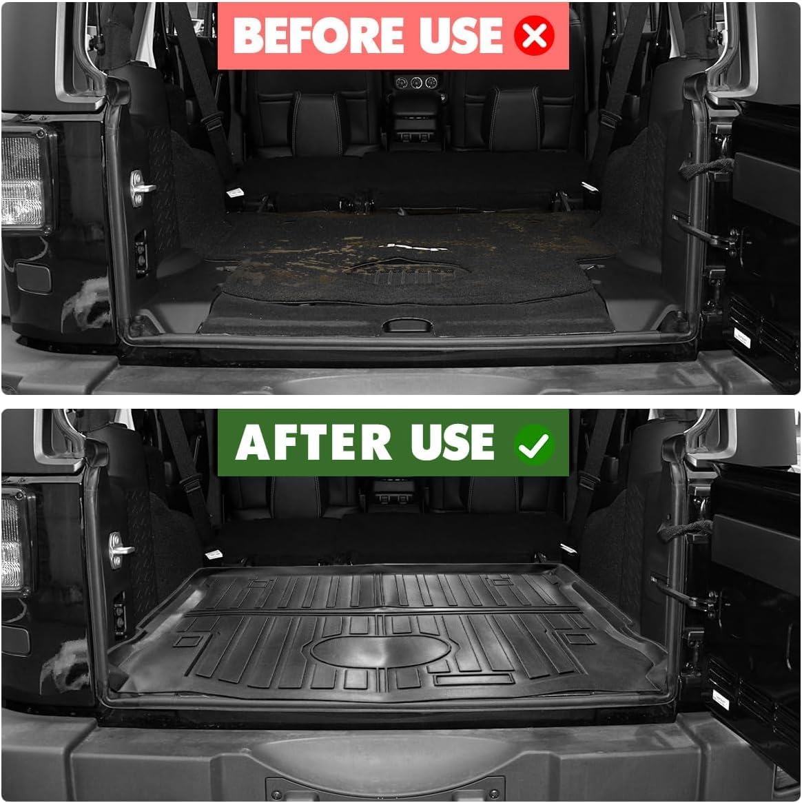 Vanseno All Weather TPE Cargo Mats for 2007-2018 Jeep Wrangler JK 4 Door Cargo Mat Rear Car Trunk Mat Accessories, Black (NOT for JL or 2-Door)