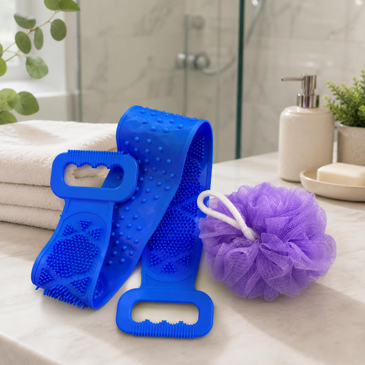 Everwood Silicone Bath Belt Body Scrubber with Soft Mesh Pouf | Long Handle Back Scrubber for Men & Women | Deep Cleansing Exfoliating Bath Brush | Quick Dry & Hygienic | Blue & Purple