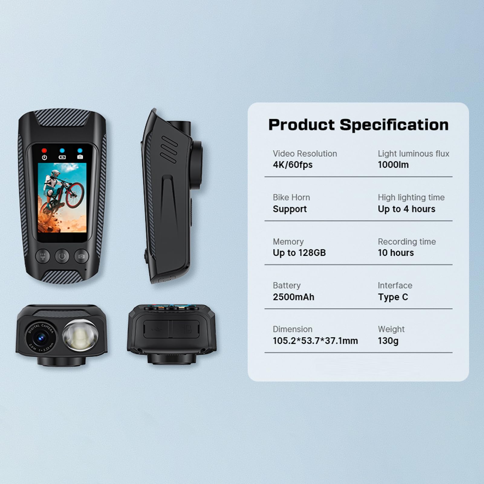 Macchina fotografica di ciclismo 4K con 60fps Video IPX5-2 IPS Schermo WiFi per il pendolarismo notturno