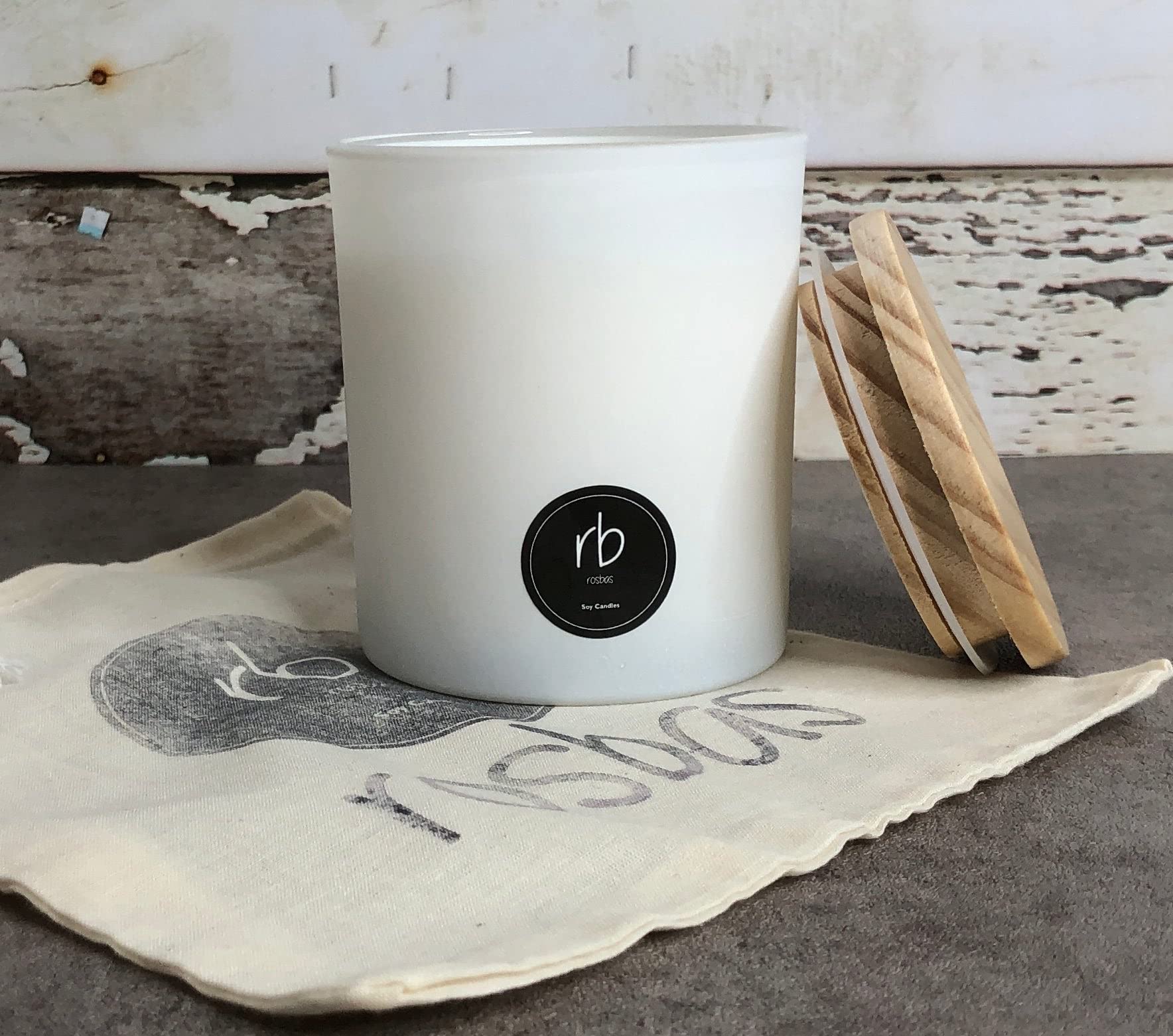 Rosbas Candle, Green Tea & Lemongrass Scented, Natural Soy Wax, White Glass Jar, Wooden Lid, 7 oz, Cotton Wick, Drawstring Cotton Bag, Long Burn Time, Home, Non-Toxic,Handmade in USA