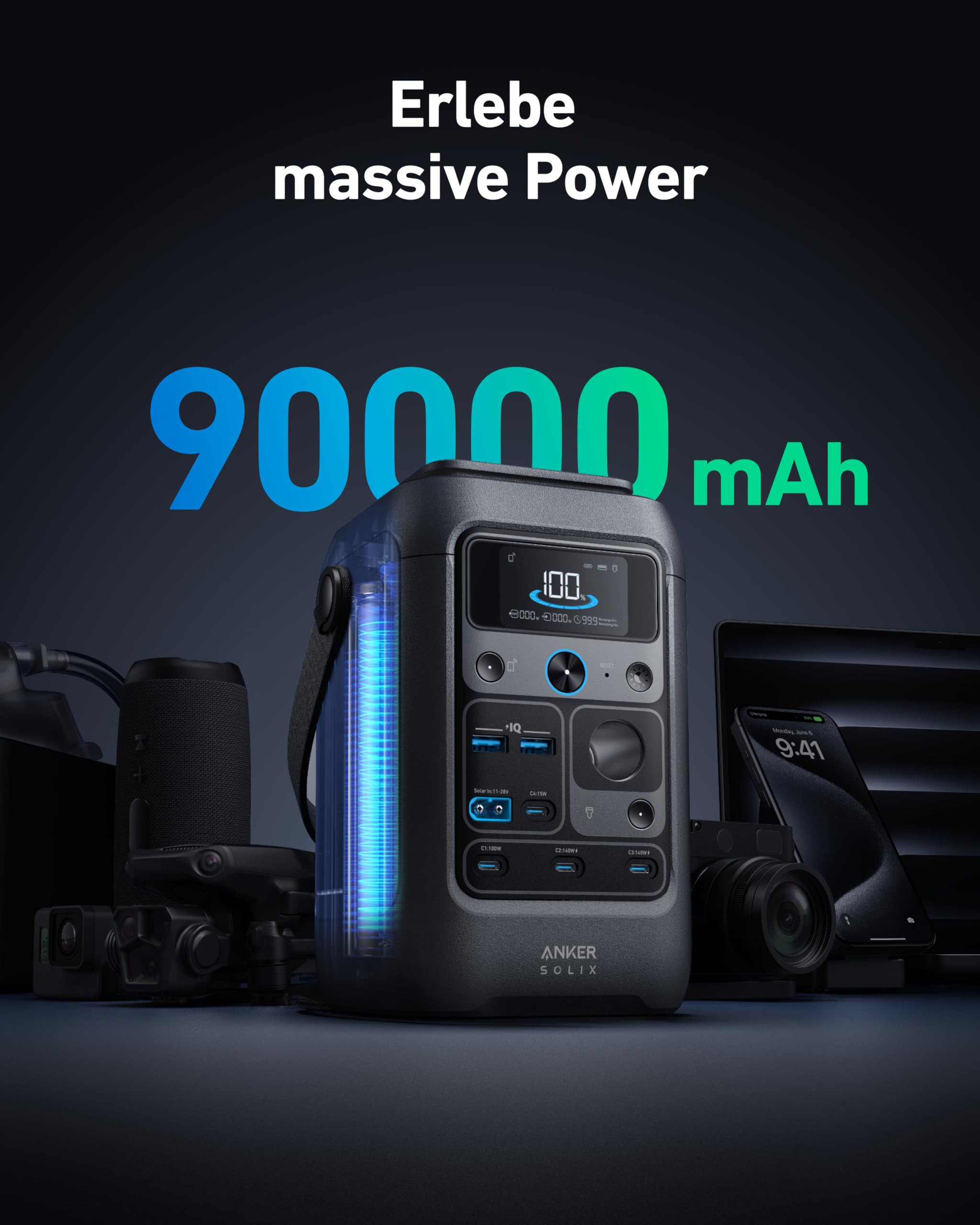 Anker SOLIX C300X DC Tragbare Powerstation mit 100W Solarpanel | 288Wh LiFePO4-Akku, 300W Solargenerator, für Outdoor, Camping, Reisen und Notfälle