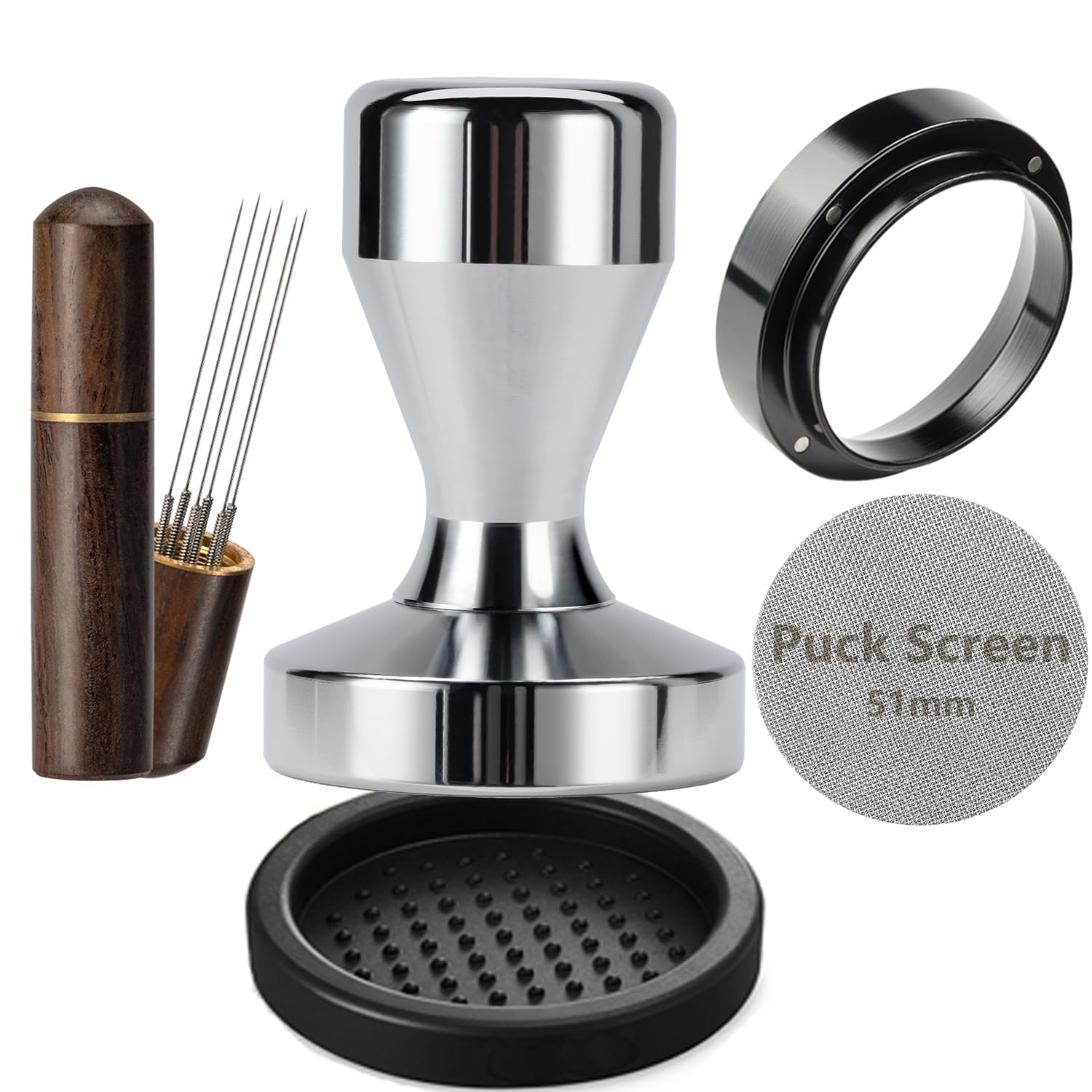 Kit de accesorios de espresso de 51 mm: kit de manipulación de café espresso con manipulador de café de 51 mm, pantalla de disco, embudo dosificador, herramienta WDT, alfombrilla de manipulación, kit