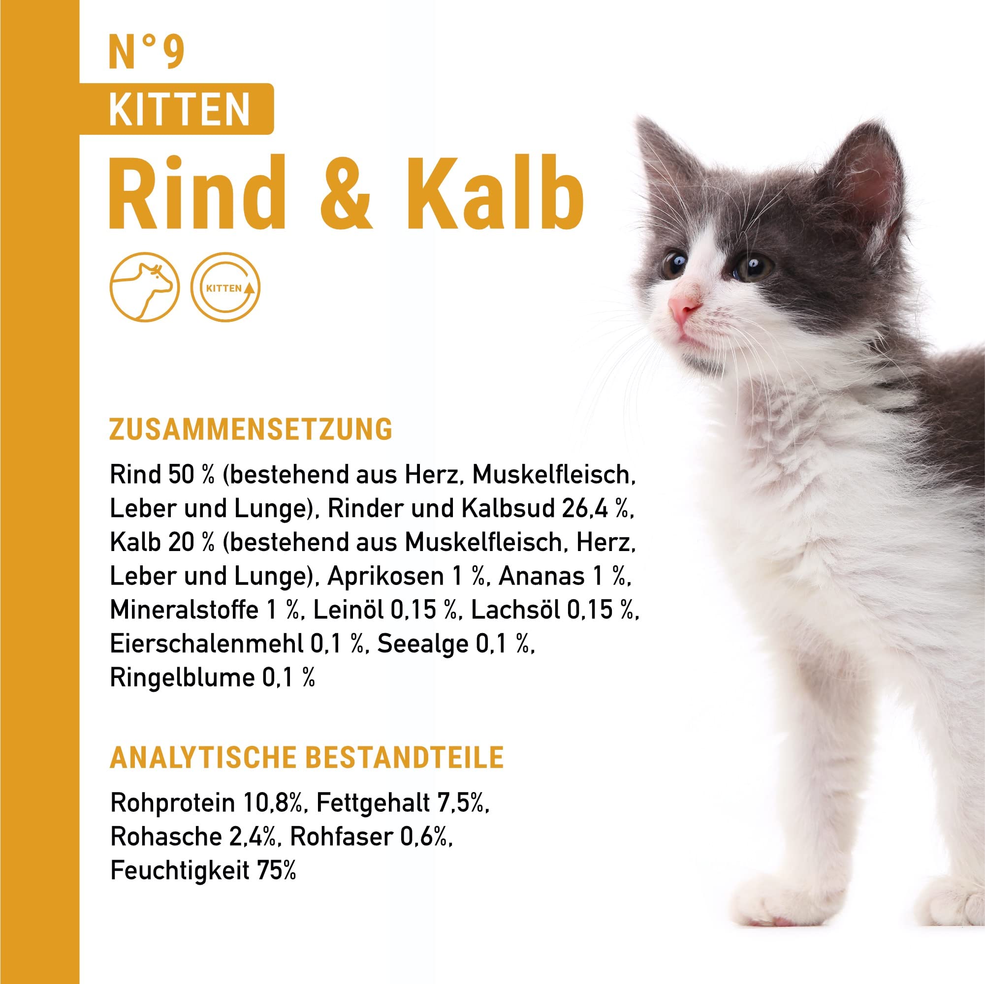 catz finefood Kitten N 7 mokra karma dla kotów wołowych i cielęcych – delikatesowa karma dla młodych kotów bez zbóż i cukru o dużej zawartości mięsa, worek 16 x 85 g
