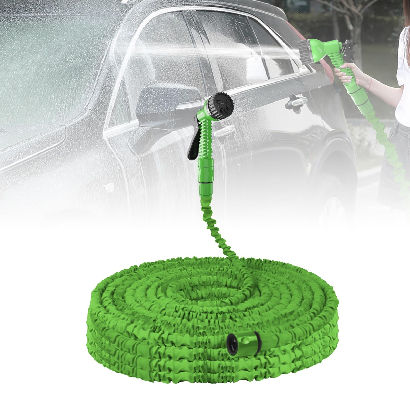 Expandable Garden Hose Pipe 200FT Flexible Expanding Magic Hose with 7 Function Spray Gun,3/4",1/2" Fittings,Lightweight Retractable Garden Water Pipe for Car Washing Flower Lawn Watering,Green