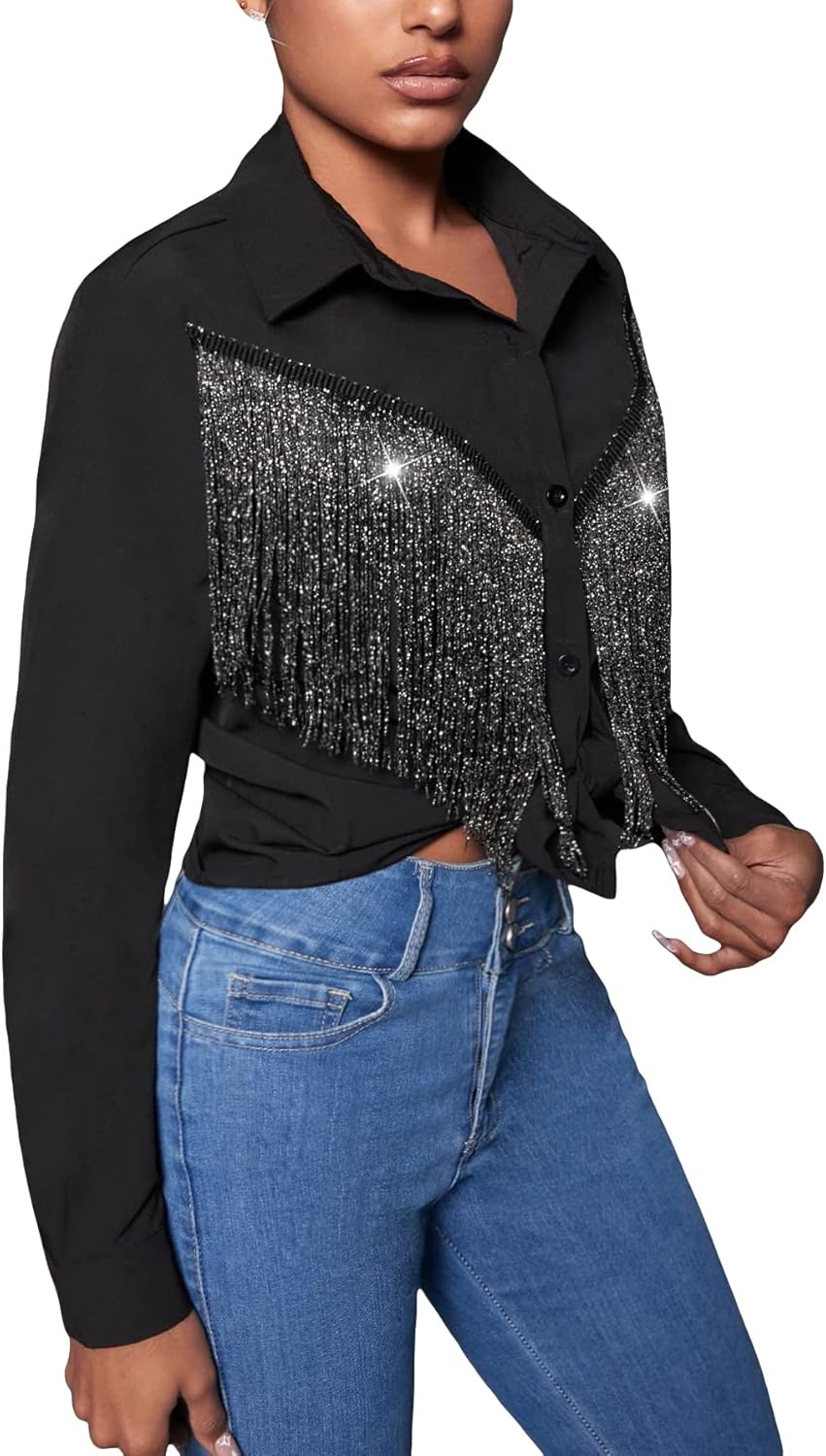 WDIRARA Women's Fringe Trim Button Down Collared Long Sleeve Blouse Top Shirt