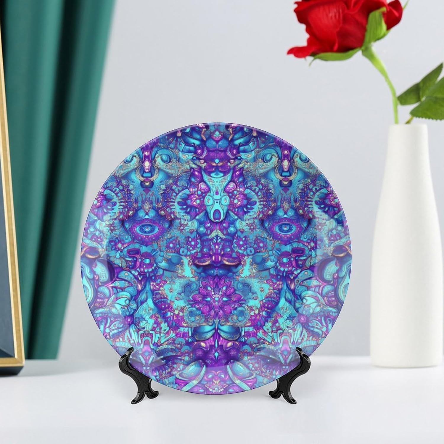 Psychedelic Mandala Hypnosis Decorative Plates for Display Ceramic Plate Tray with Stand Hanger Home Decor