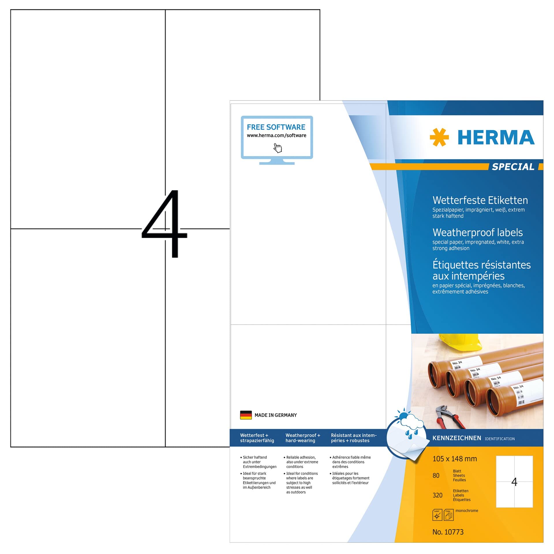 HERMA 10773 Etykiety odporne na warunki atmosferyczne ze specjalnego papieru DIN A4 (105 x 148 mm, 80 arkuszy, papier, impregnowane), samoprzylepne, do druku, bardzo mocne samoprzylepne etykiety