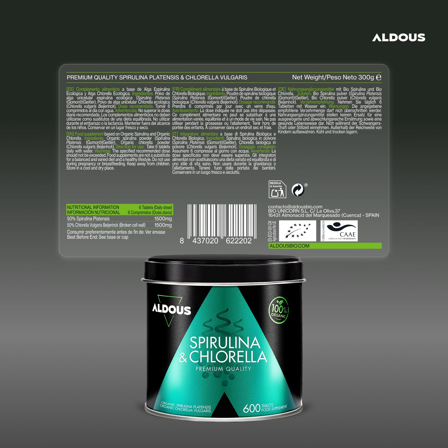 Spirulina Bio - 600 - Alto Dossagio 3000mg per +3 Mesi - Alga Spirulina Bio Pura 100% Naturale - ALDOUS