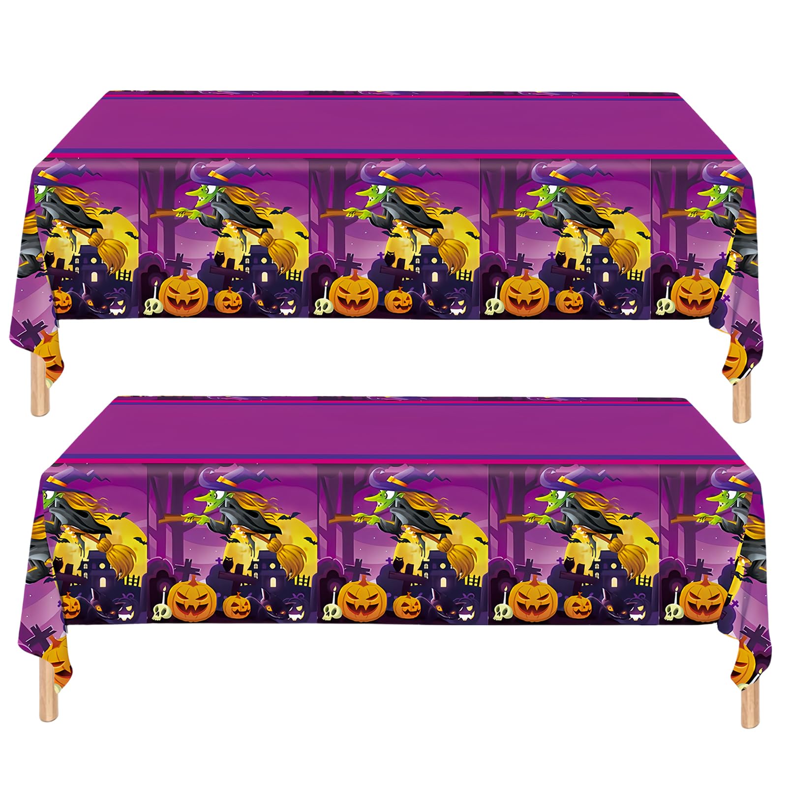 COSORO 2pcs Halloween Table Cloth Party Plastic Cover,108x 180cm Large Witch Pumpkin Purple Dinner for Indoor Outdoor Halloween Party Table Decorations