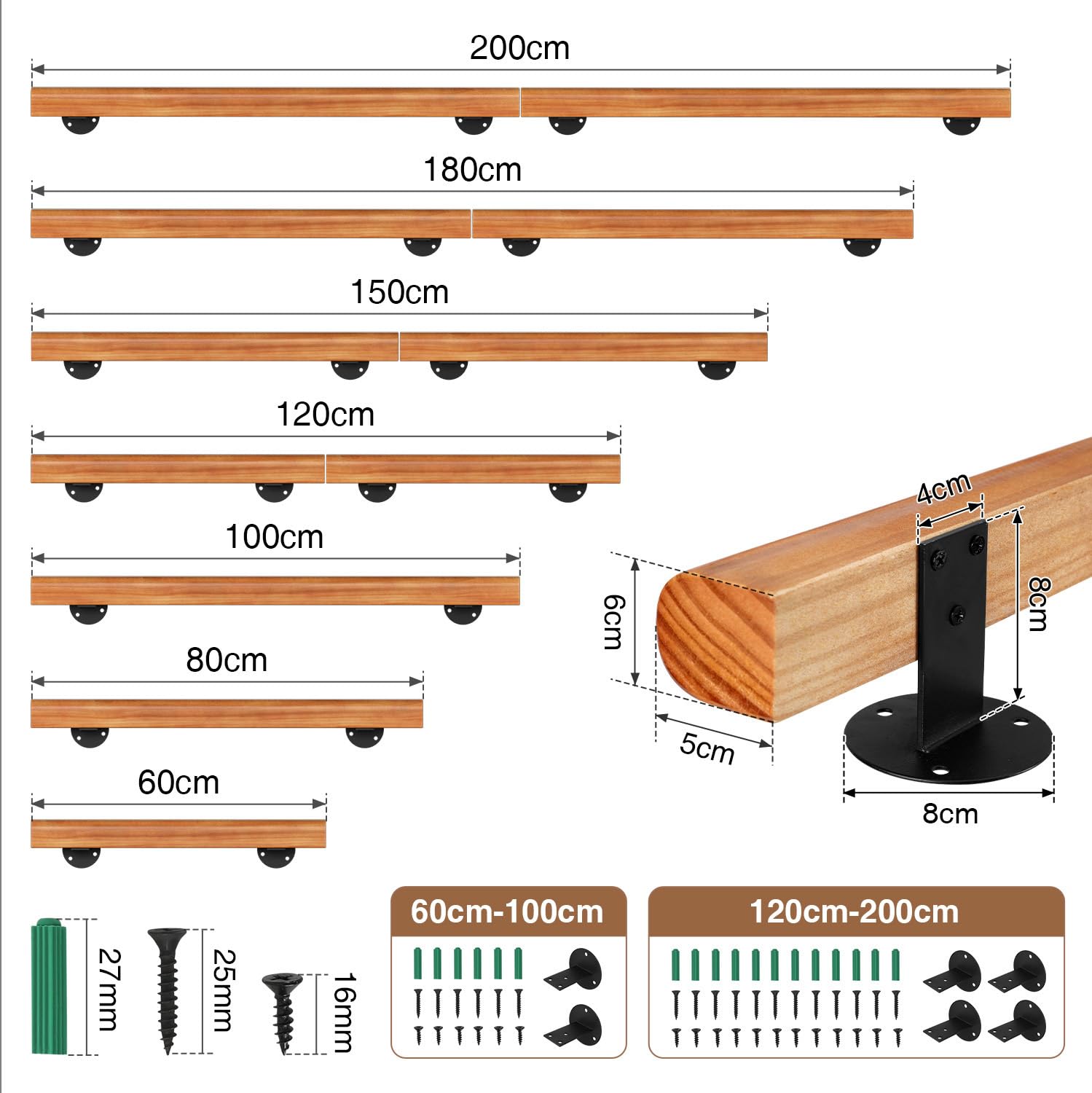 Ikodm Kiefernholz Handlauf Treppengeländer 200cm Geländer für Treppe Treppe Wandhandlauf Wand Treppe seitliche Montage, Inklusive Wandhalterungen, Montagematerial, für Indoor, Halbrunde Wood