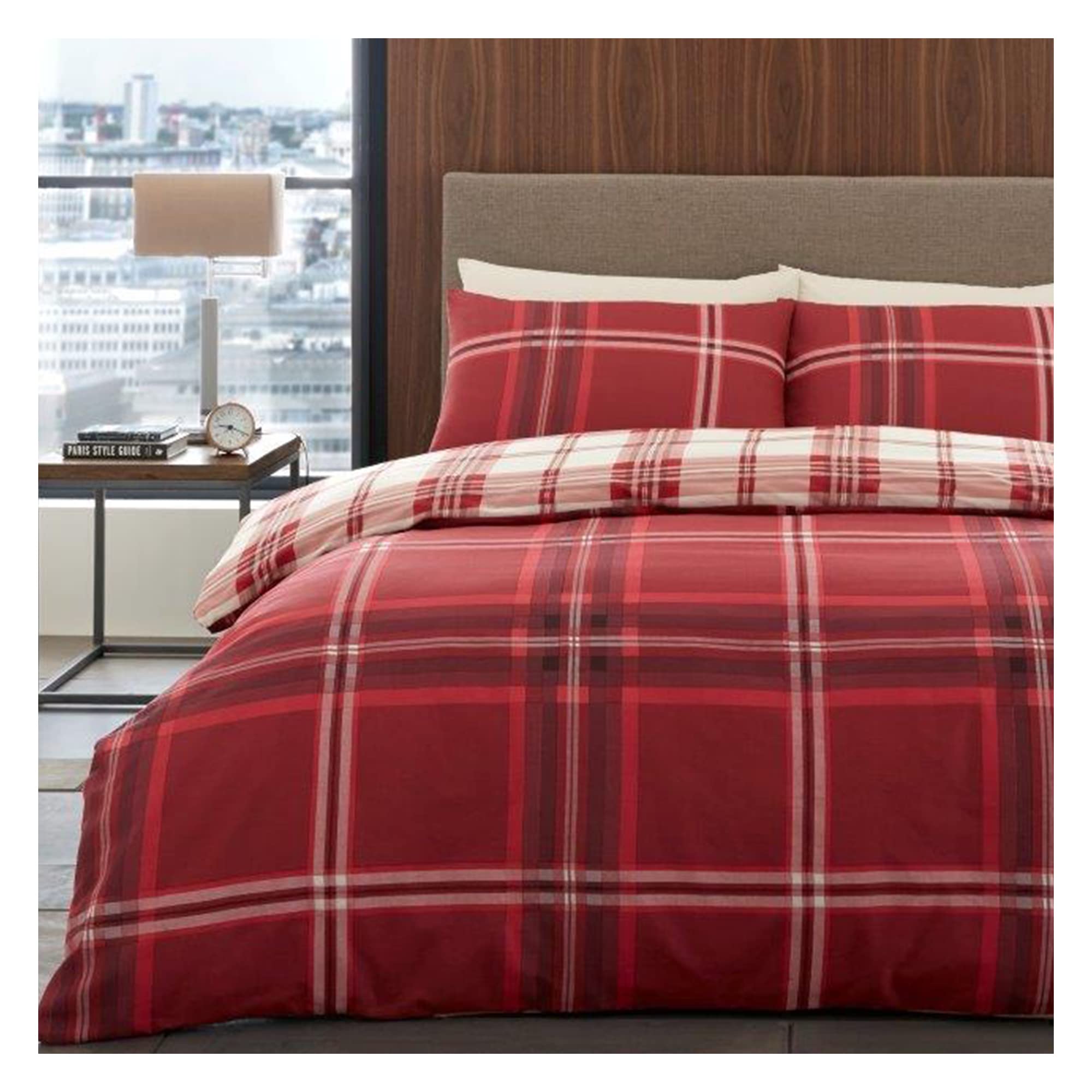 Lions Bardsley Red Check Bedding Set - King Size Bed Duvet Cover With Matching Pillowcase, Ultra Soft Reversible Poly Cotton Quilt Covers, Button Closure, 230X220cm,