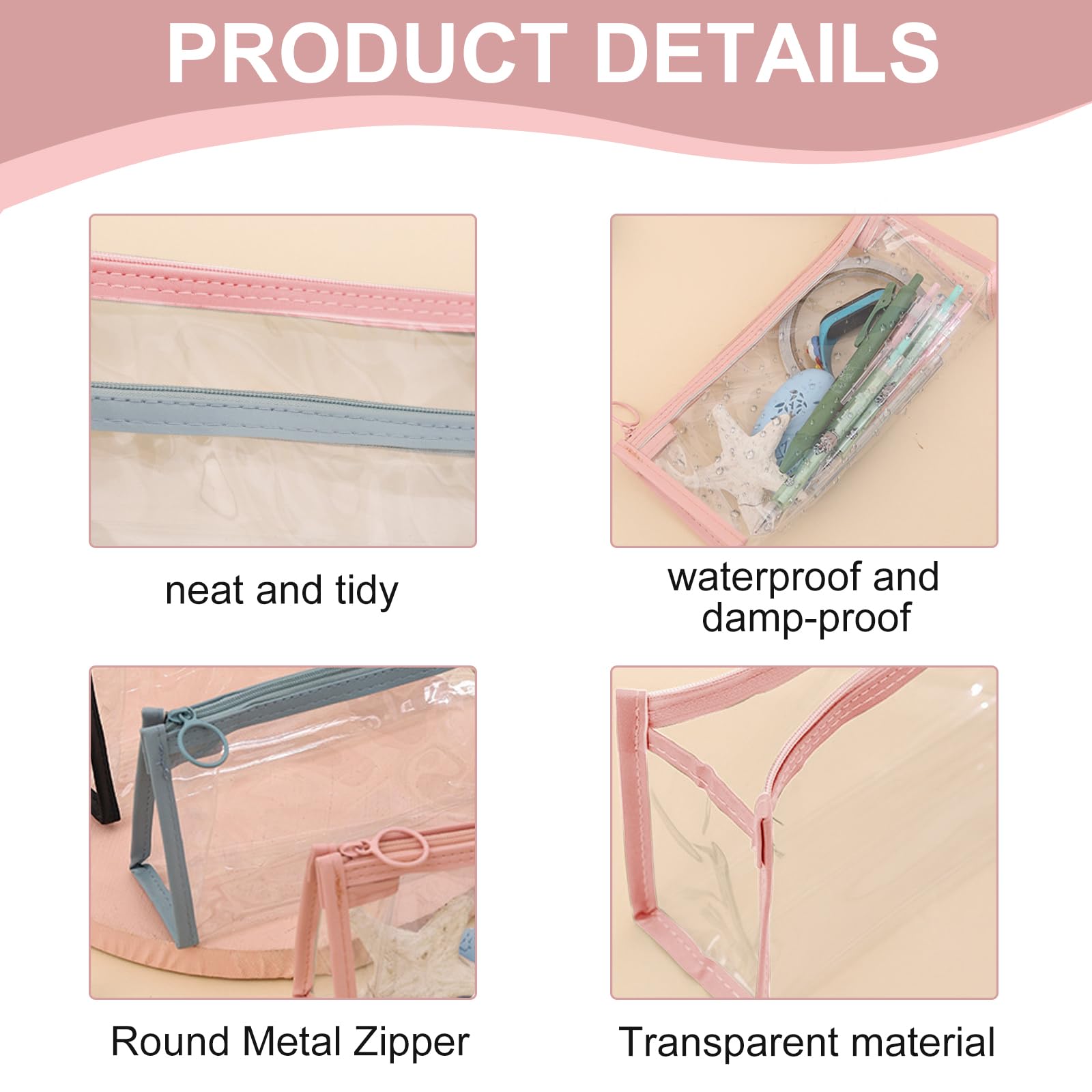 SJDOFU 3 PCS Transparent Pencil Case, Waterproof PVC See Through Pen Cases, Large Capacity, Pink, Blue, White - Image 3