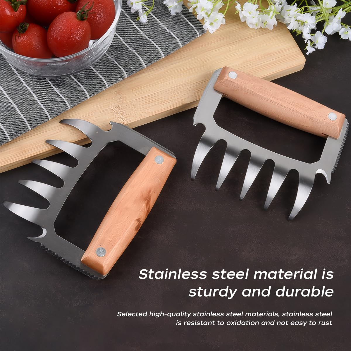 2 artigli per carne 5 in 1 pulled Pork artiglio per succoso manico in legno di Pork Wooden Stainless Steel Meat Claws, Pulled Pork for Cook Barbecue Lovers,for an Garden Barbecue Party