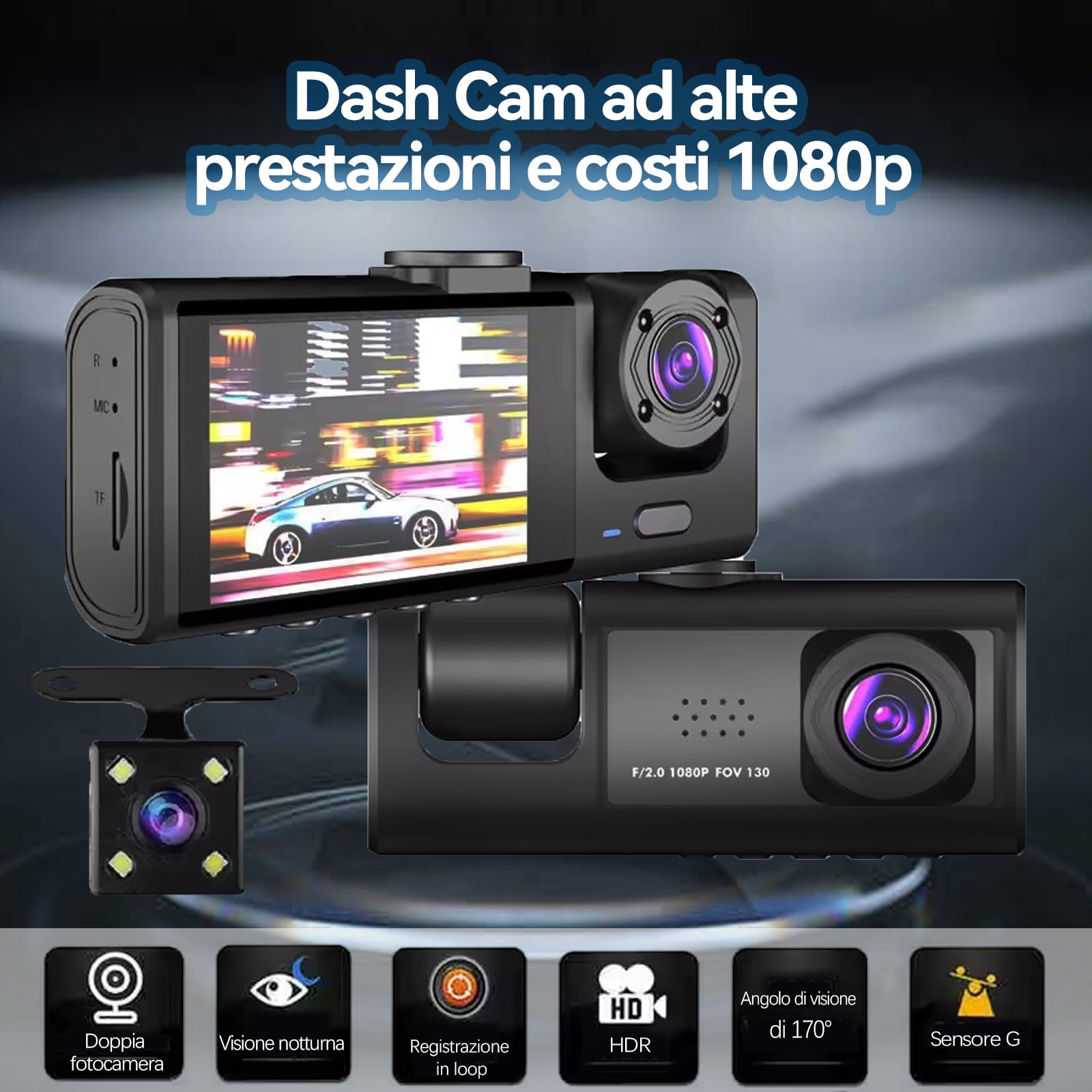 3 Channel 1080P Dash Cam with APP Control, 5GHz WiFi, Card Included 32GB SD, 170° Wide Angle, Loop Recording, G-Sensor, 24H Parking Mode — view 3