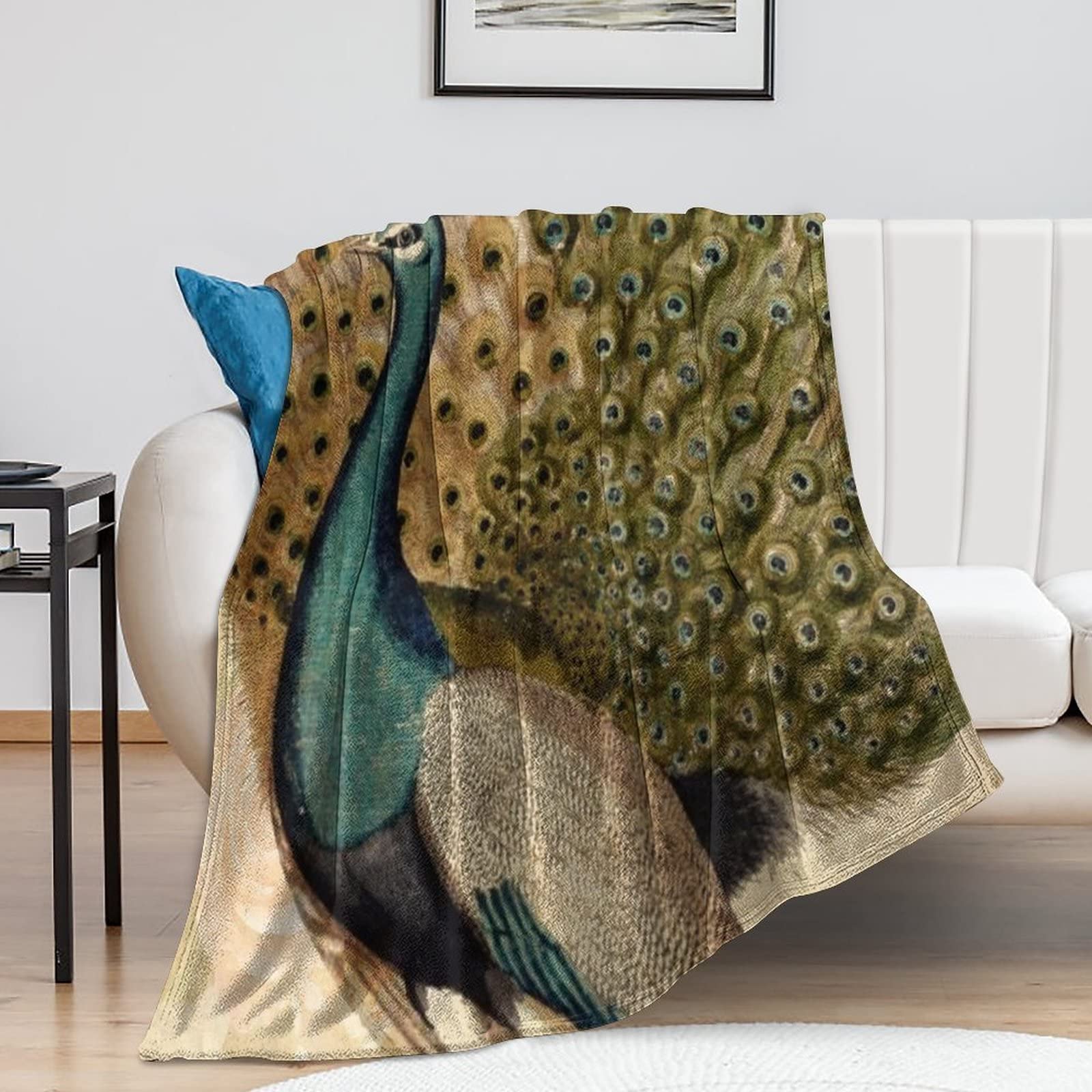 Couverture en peluche au toucher soyeux et motif paon rétro pour un confort luxe
