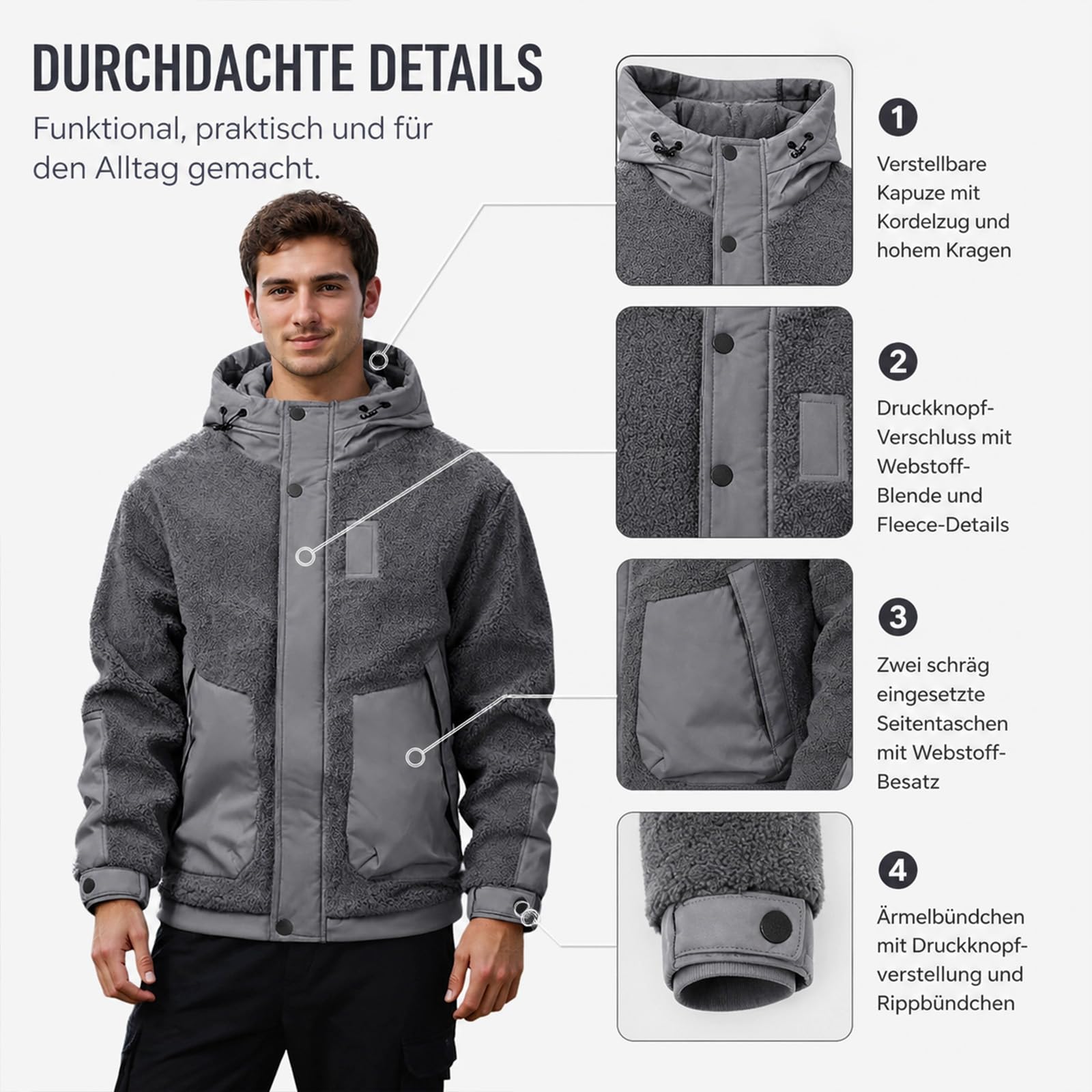 Fleecejacke Herren Outdoor Fleecejacken mit Kapuze Reißverschluss Teddy Jacke Dicker Stoff Wanderjacke für Herbst und Winter Softshelljacke Übergangsjacke für Wanderungen und Outdoor-Abenteuer