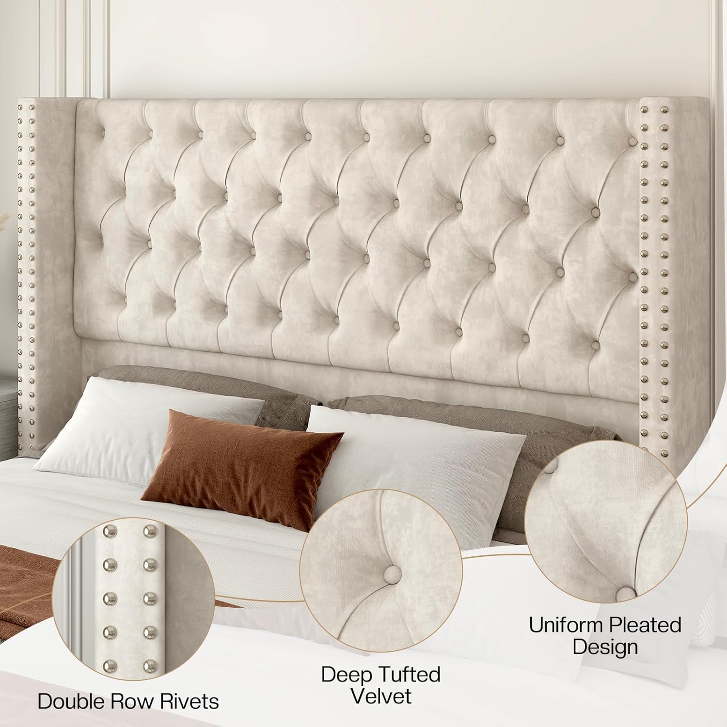 Jocisland Queen Size Bed Frame Velvet Upholstered Platform Bed with 51.6" Tall Wingback Headboard Deep Button Tufted, No Box Spring Needed, Cream