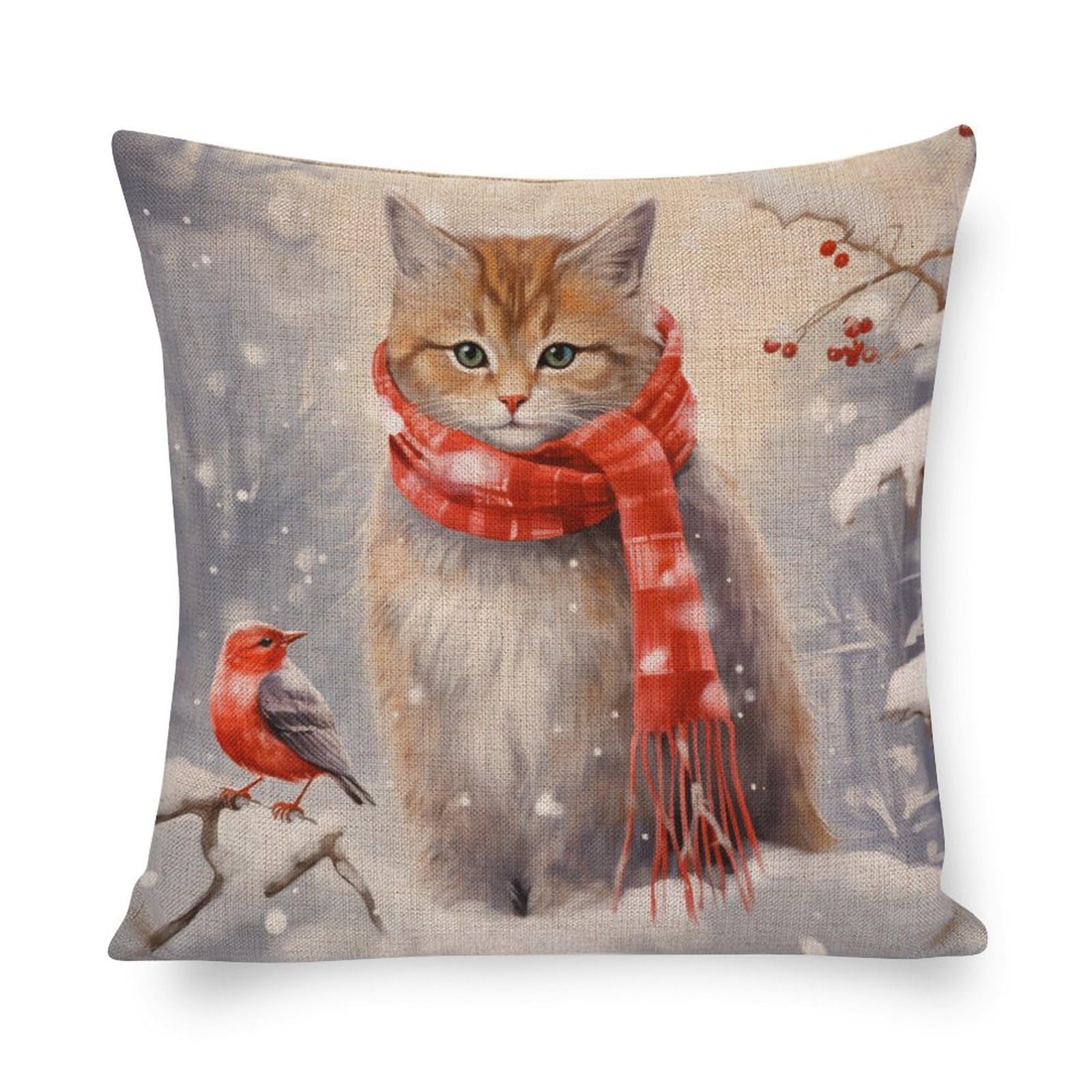 MaSiledy Throw Pillow Covers Decorative Floral Linen Pillow Cover Happy Winter Holiday Cushion Pillow Cover Wintery Cat with Red Scarf Throw Pillow