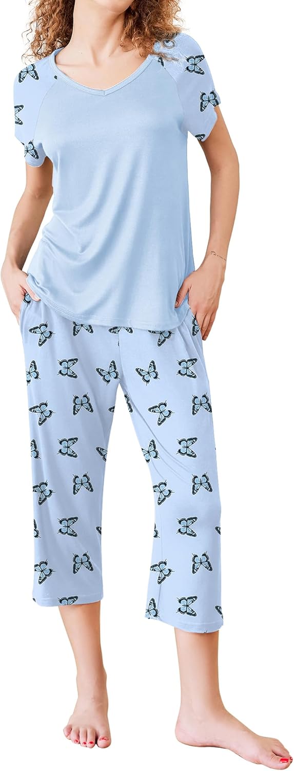 Ekouaer Pajamas for Women Set Short Sleeve Pj Sets Pullover Tops & Capri Pants 2 Piece Sleepwear Loungewear S-XXL